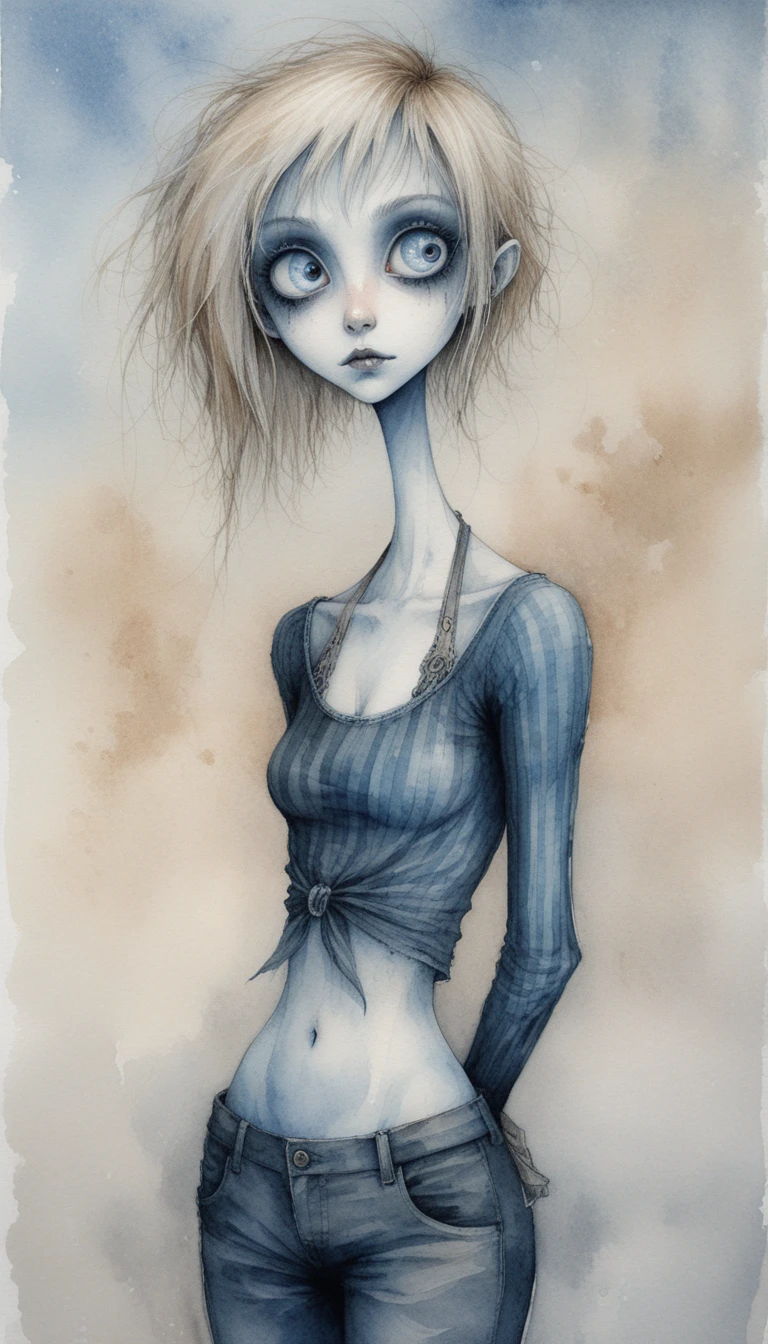 Retrato gótico a tinta de una chica rubia de ojos muy abiertos