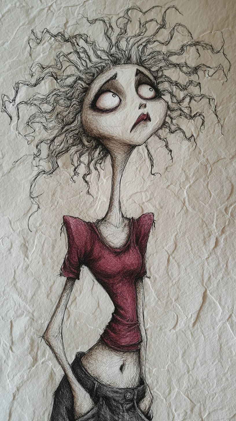 Mujer alargada en ilustración gótica a carboncillo y tinta