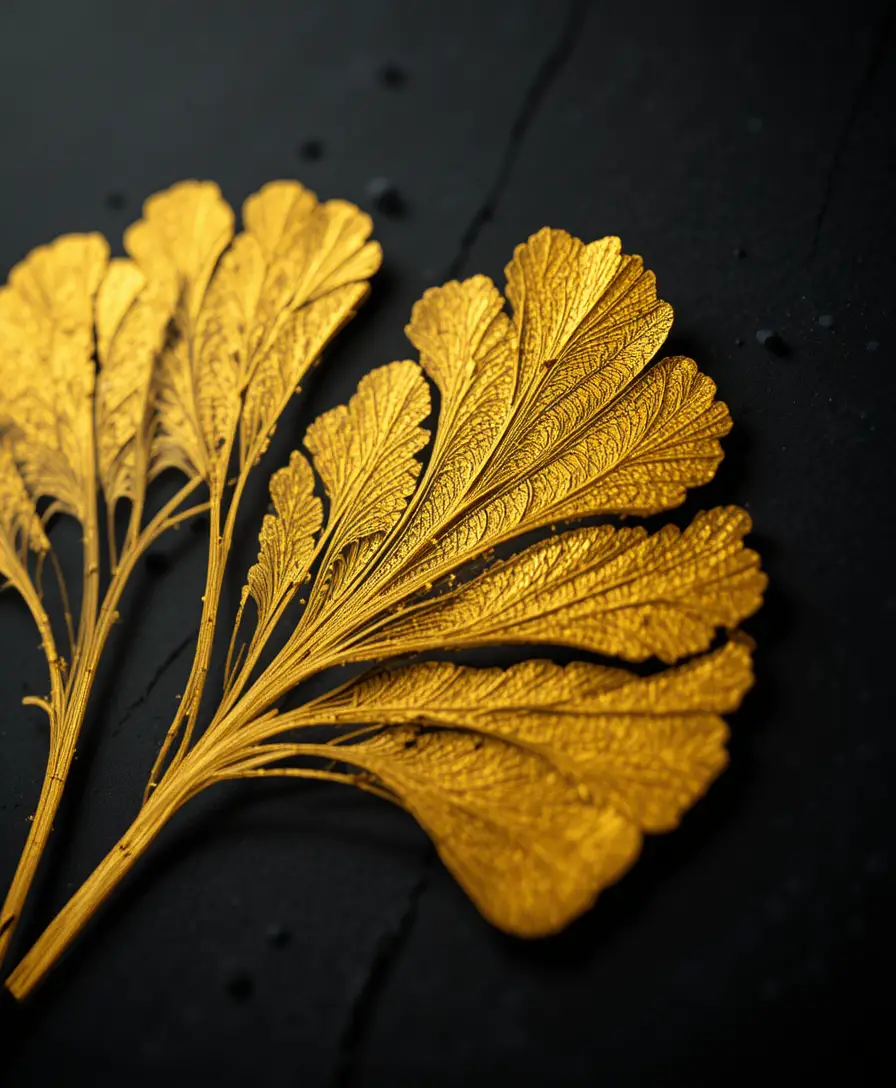 Plantilla de hoja de ginkgo dorada sobre fondo negro profundo