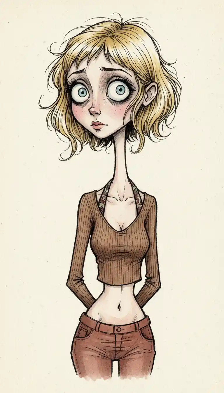 Gothic ink portrait of a nervous big eyed girl