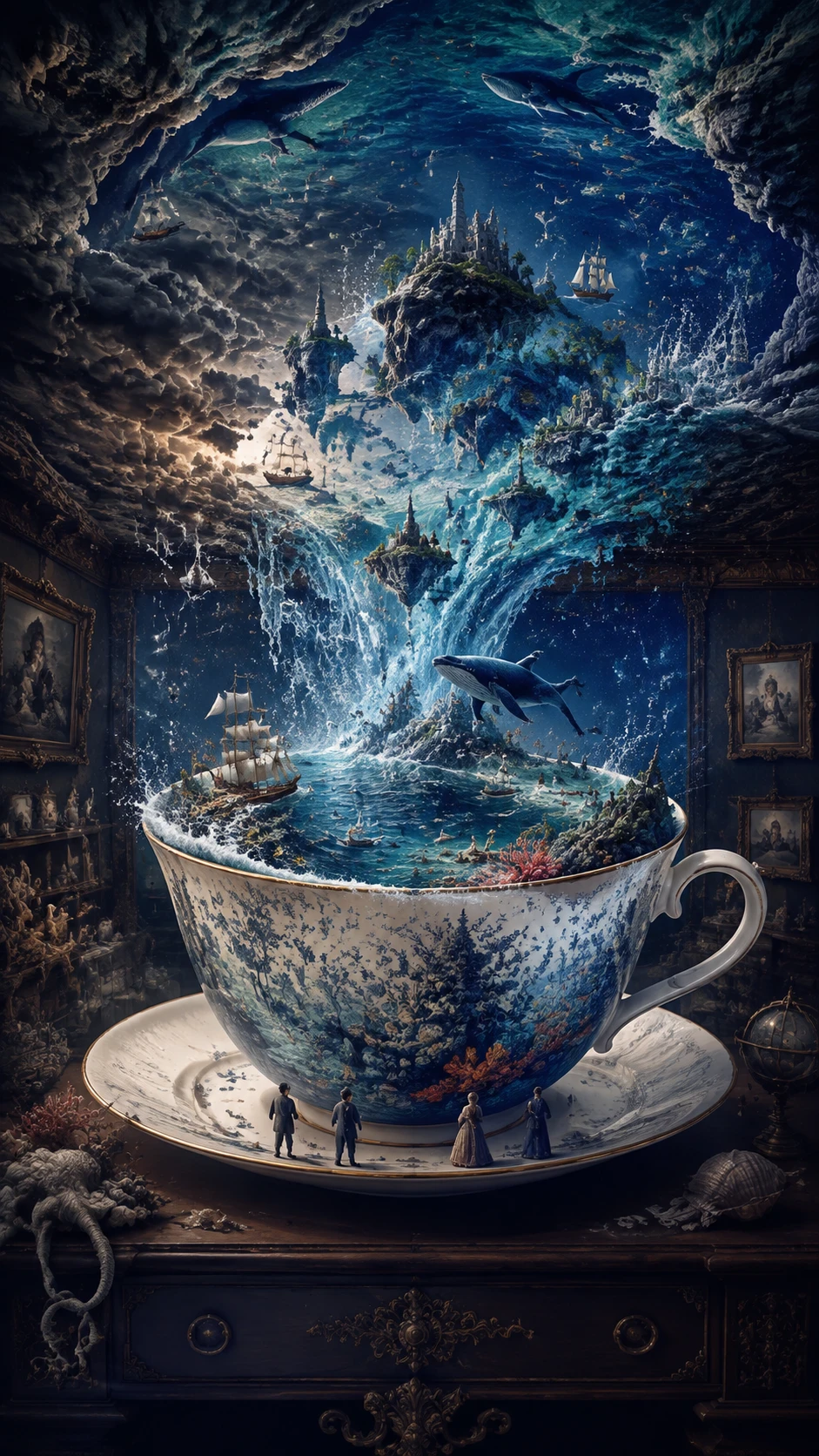 Giant porcelain teacup holding a vast miniature ocean