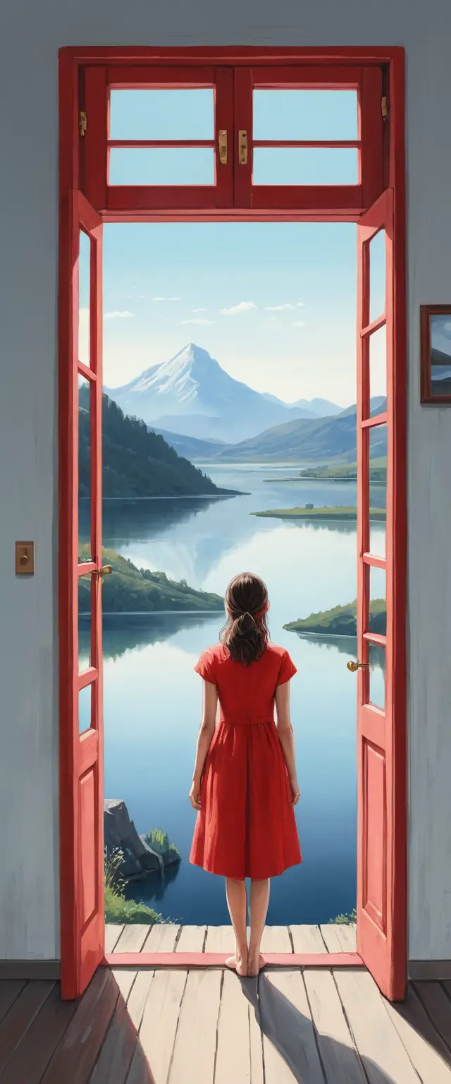 Girl in red dress standing by door to mountain lake
