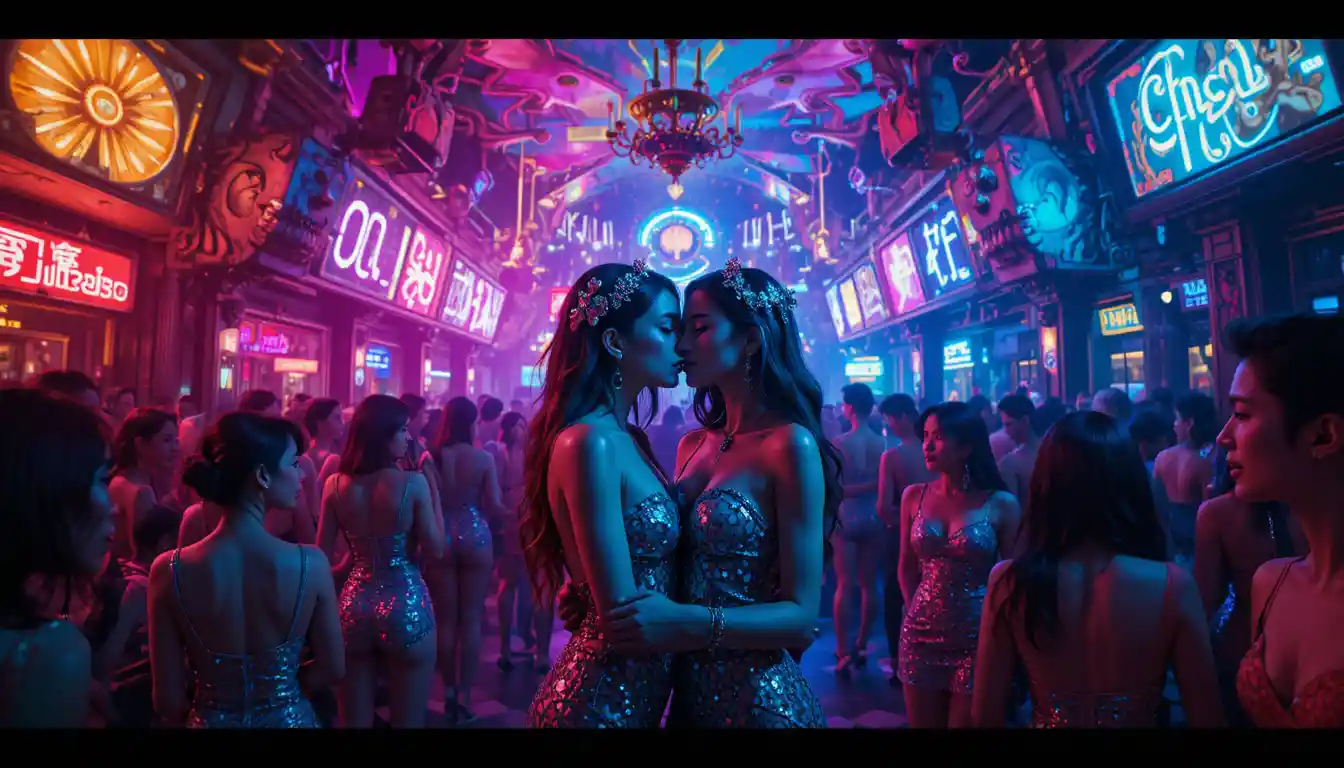 Pareja lésbica abrazándose en una surrealista discoteca tailandesa de neón
