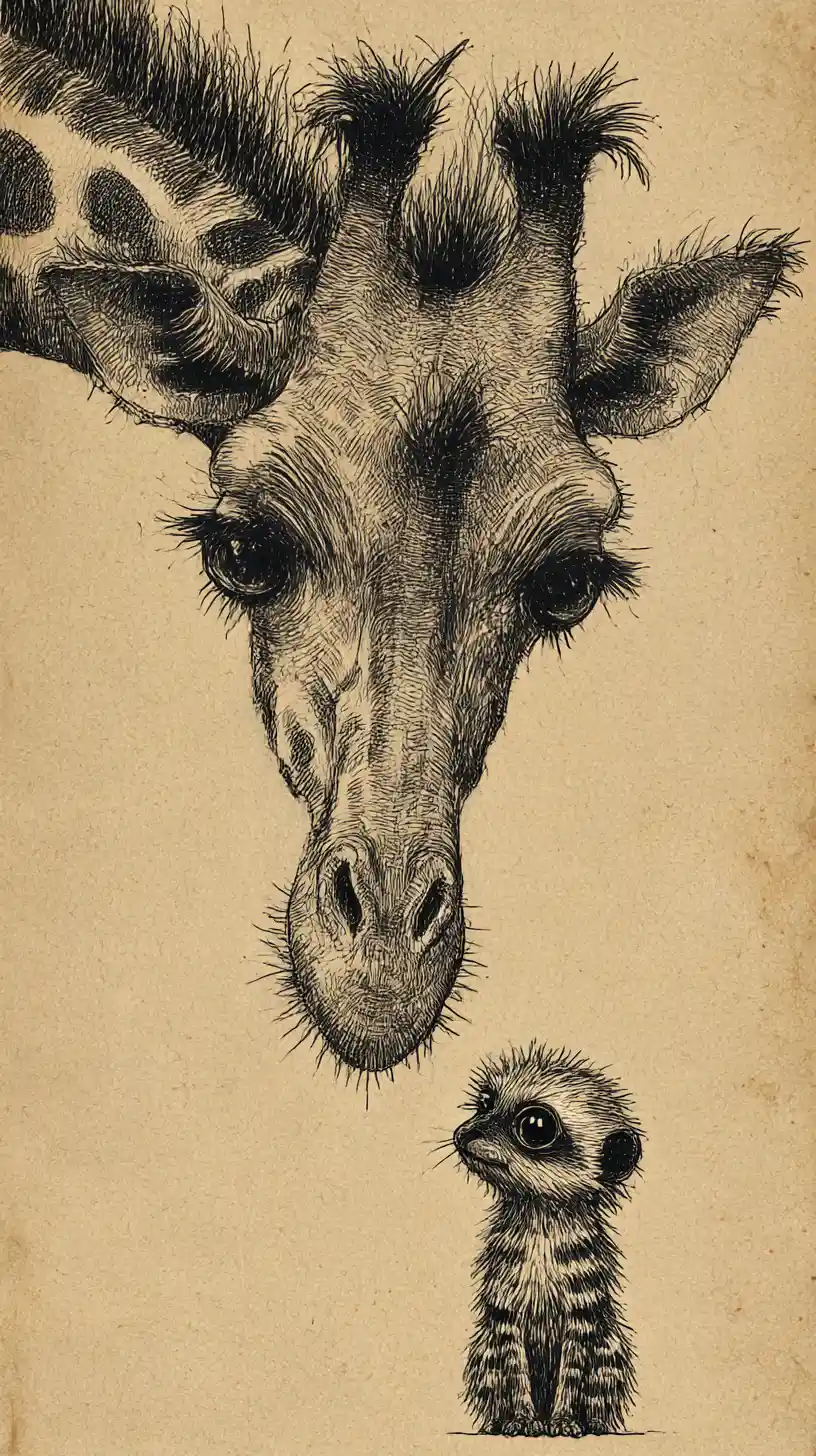 Giraffa e suricato a inchiostro inquietante su pergamena invecchiata