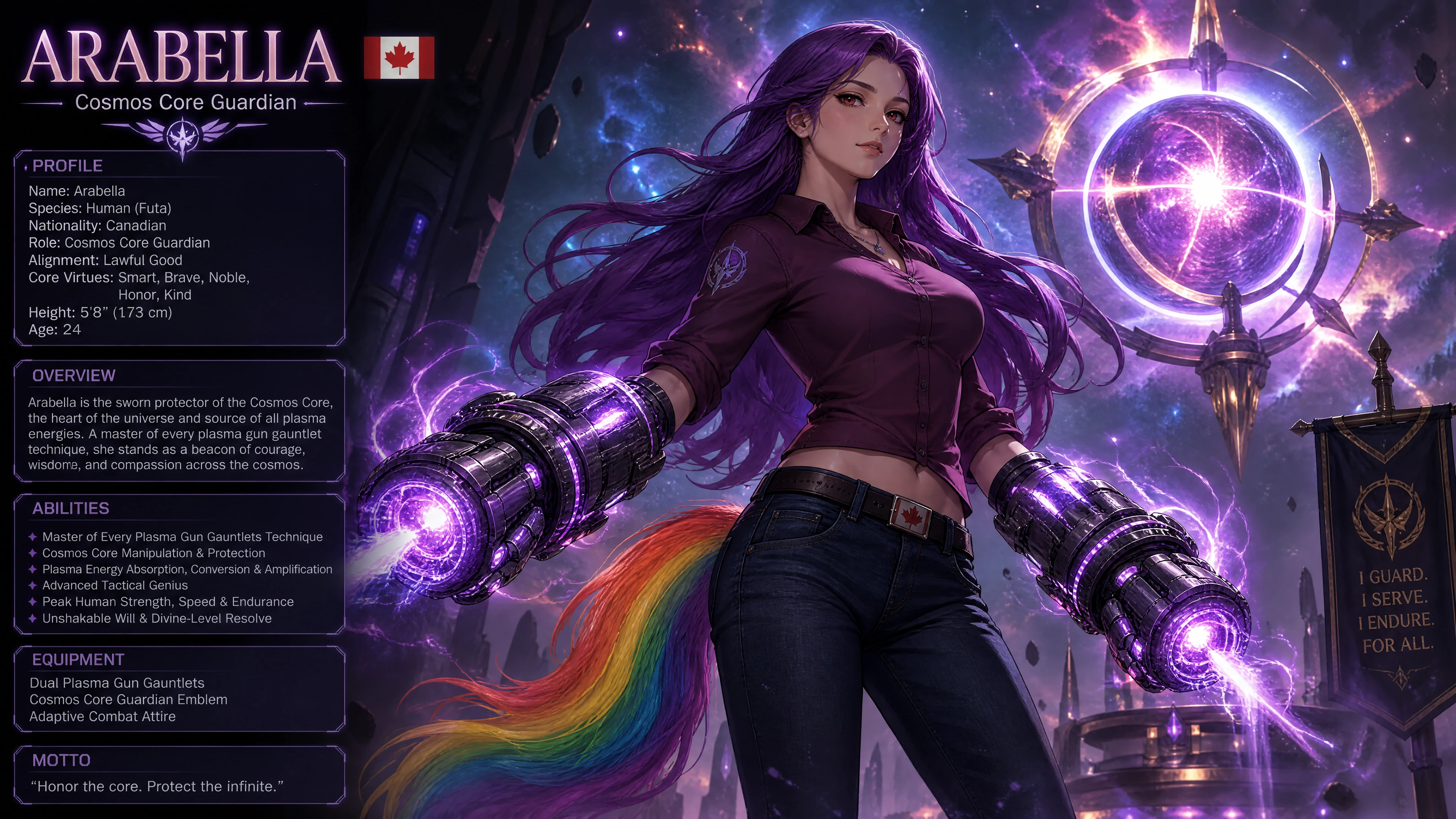Brave cosmic guardian woman with rainbow tail and plasma gauntlets
