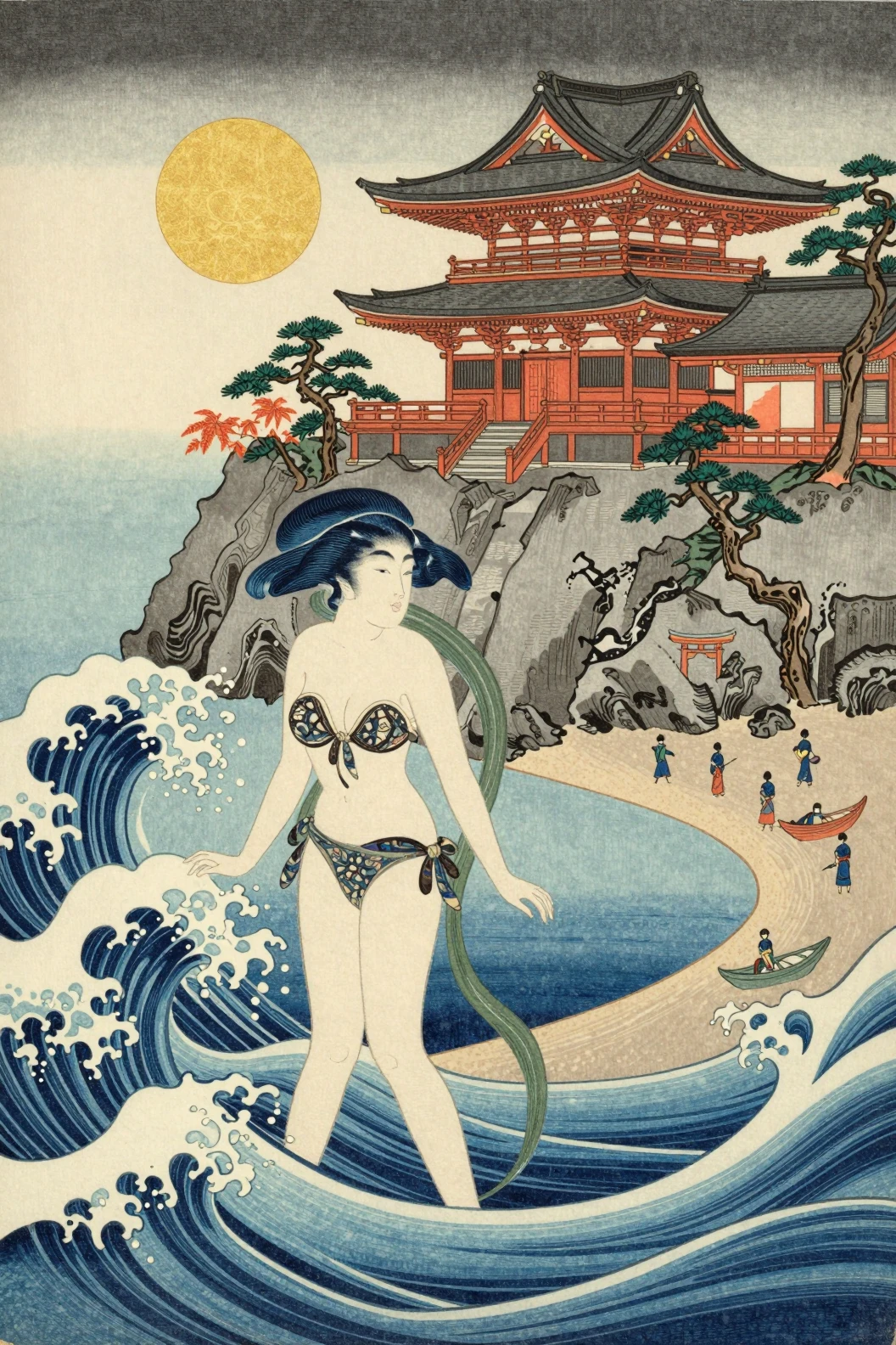Diosa del agua en olas ukiyo-e cerca de un templo distante