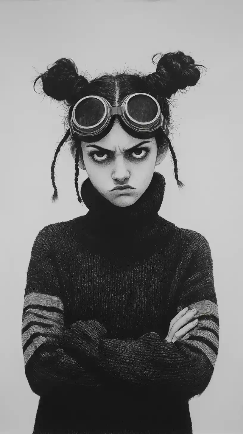 Chica melancólica con gafas en retrato a lápiz en blanco y negro