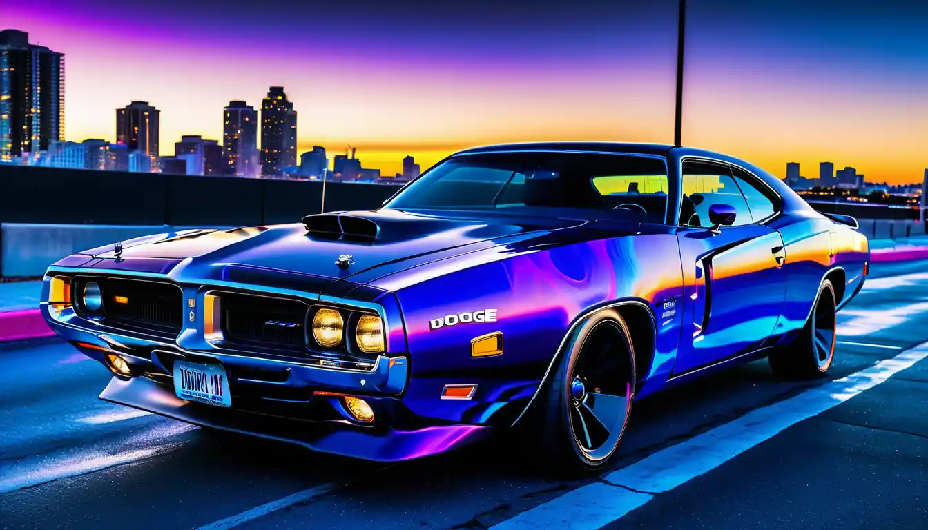 Electric blue muscle car on neon city street at dusk
