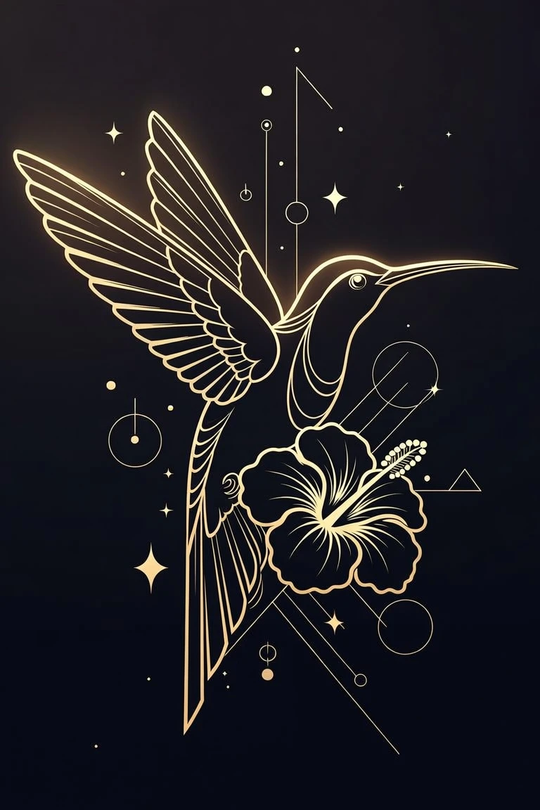 Silueta minimalista de colibrí en línea dorada sobre fondo negro