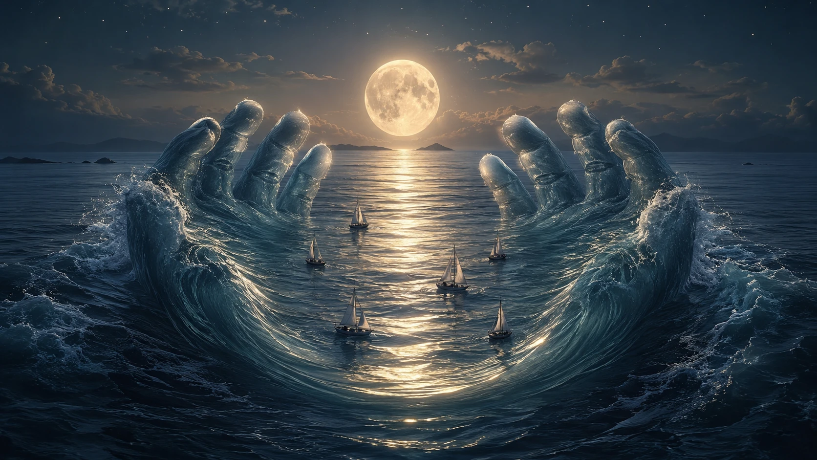 Mãos surreais do oceano acolhendo o reflexo brilhante da lua