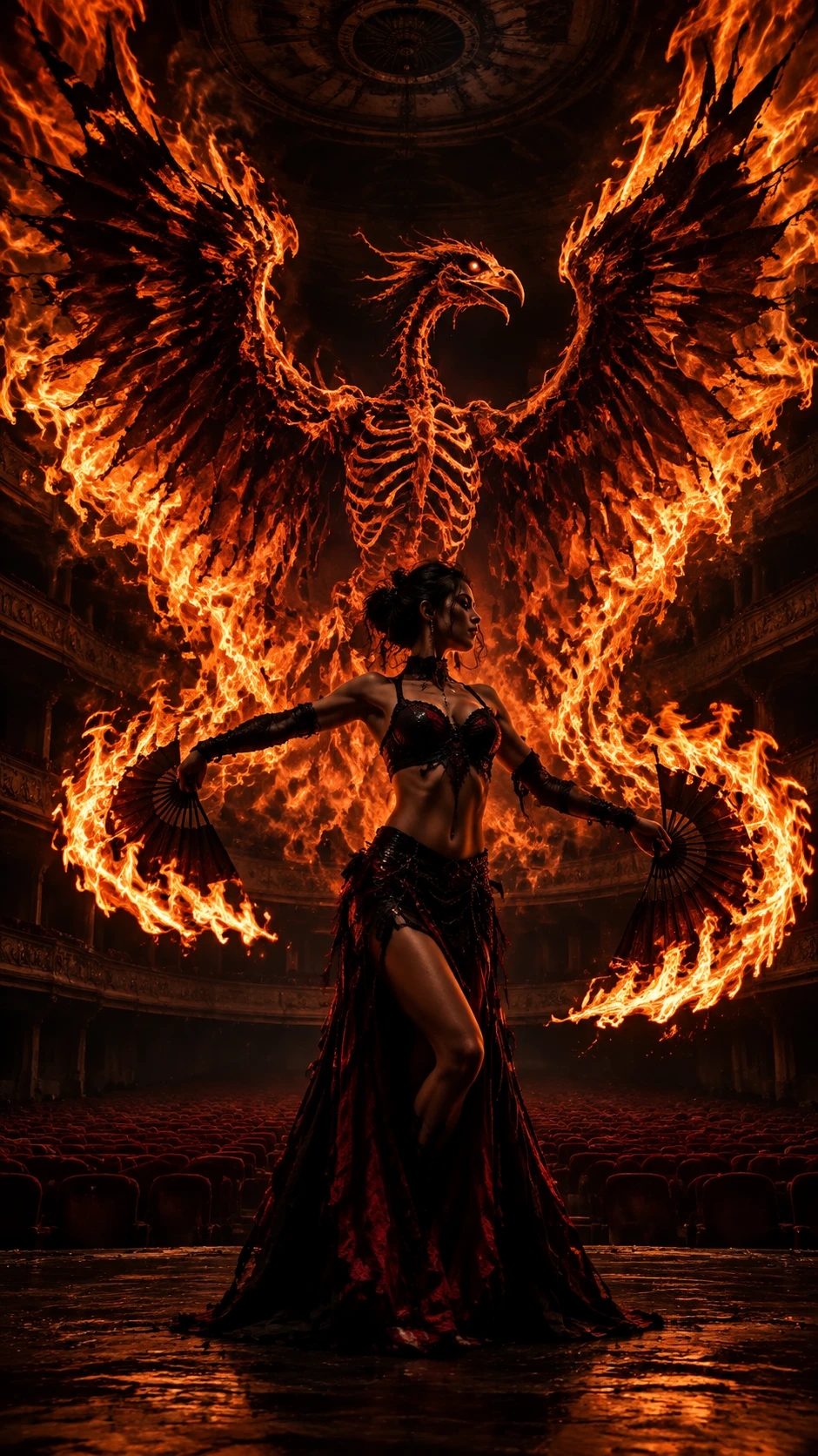 Bailarina de fuego formando alas llameantes en teatro abandonado