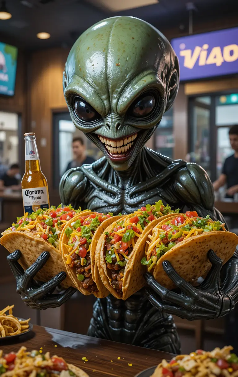 Chrome alien clutching tacos inside a fast food restaurant