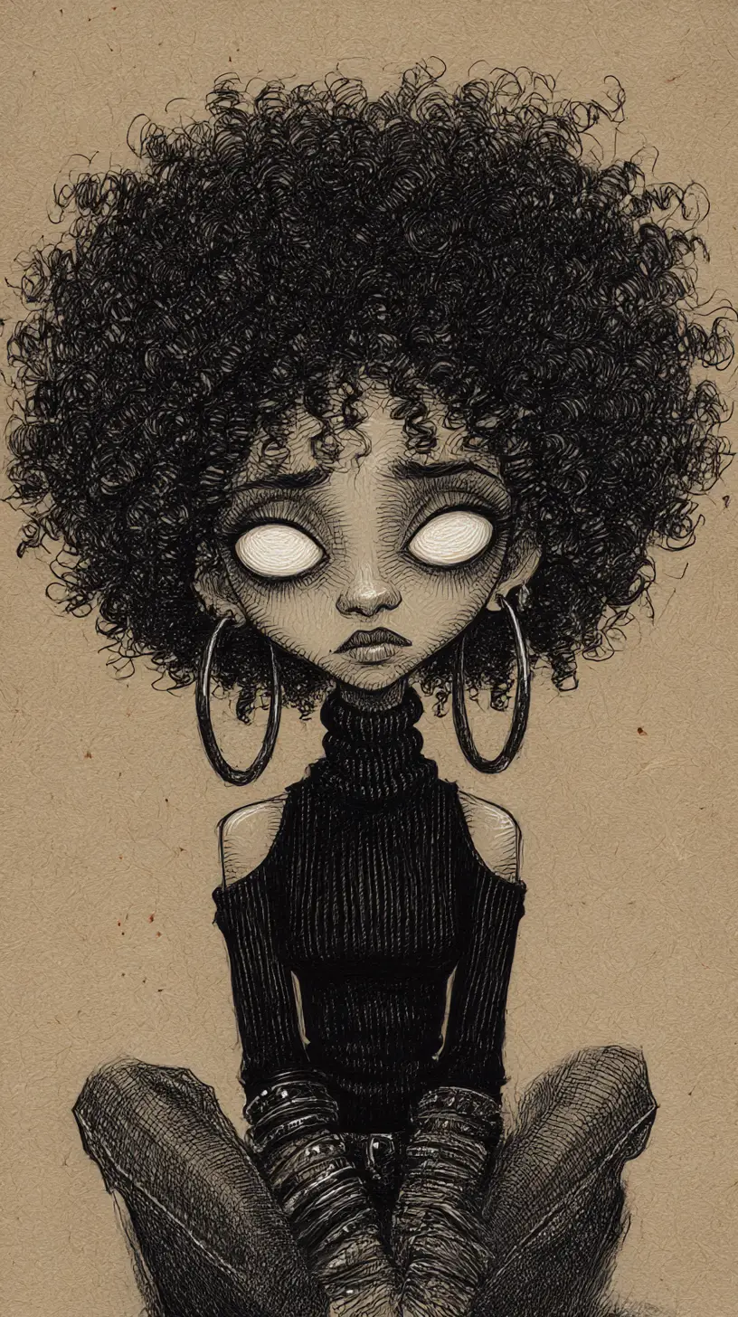 Femme gothique sombre aux grands yeux blancs sur papier vieilli