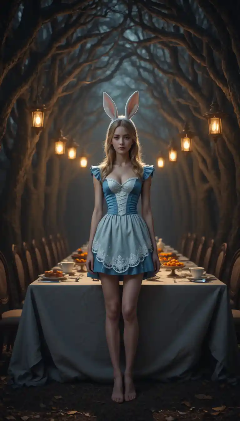 Fantasy girl at midnight tea table in lantern lit forest