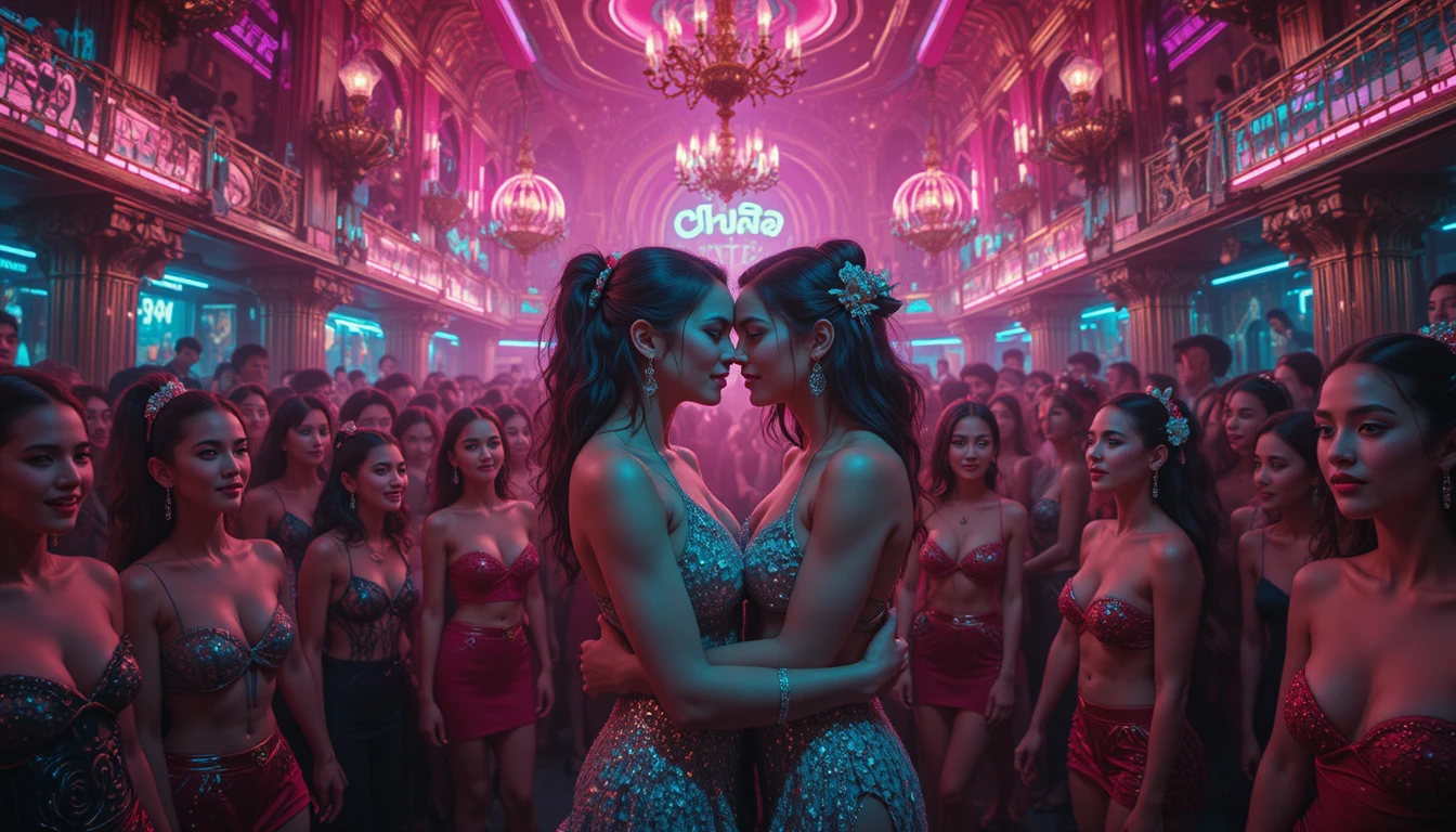 Lesbisches Paar, das sich in einem surrealen Neon-Club in Thailand umarmt