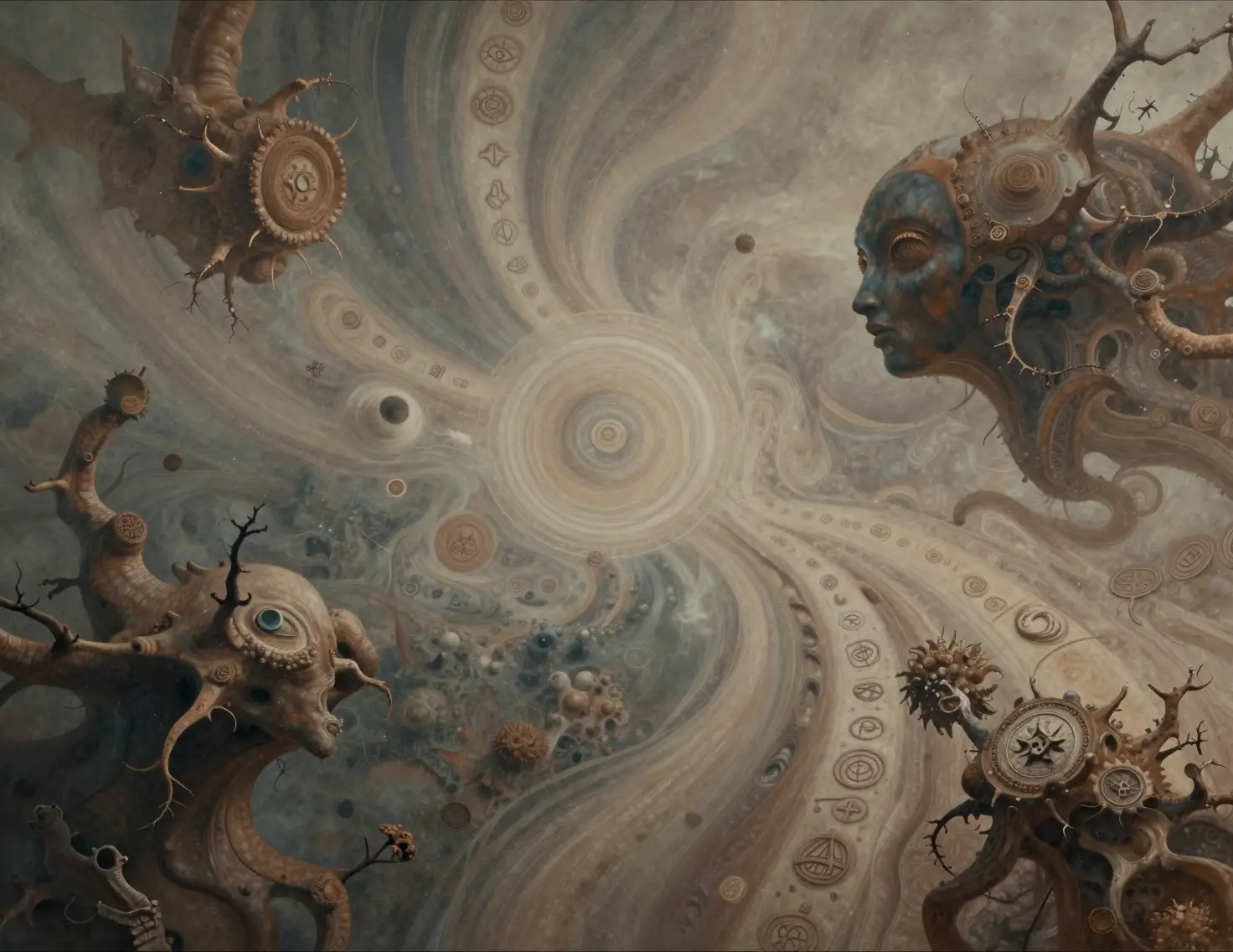 Mystical surreal landscape of organic forms and symbols