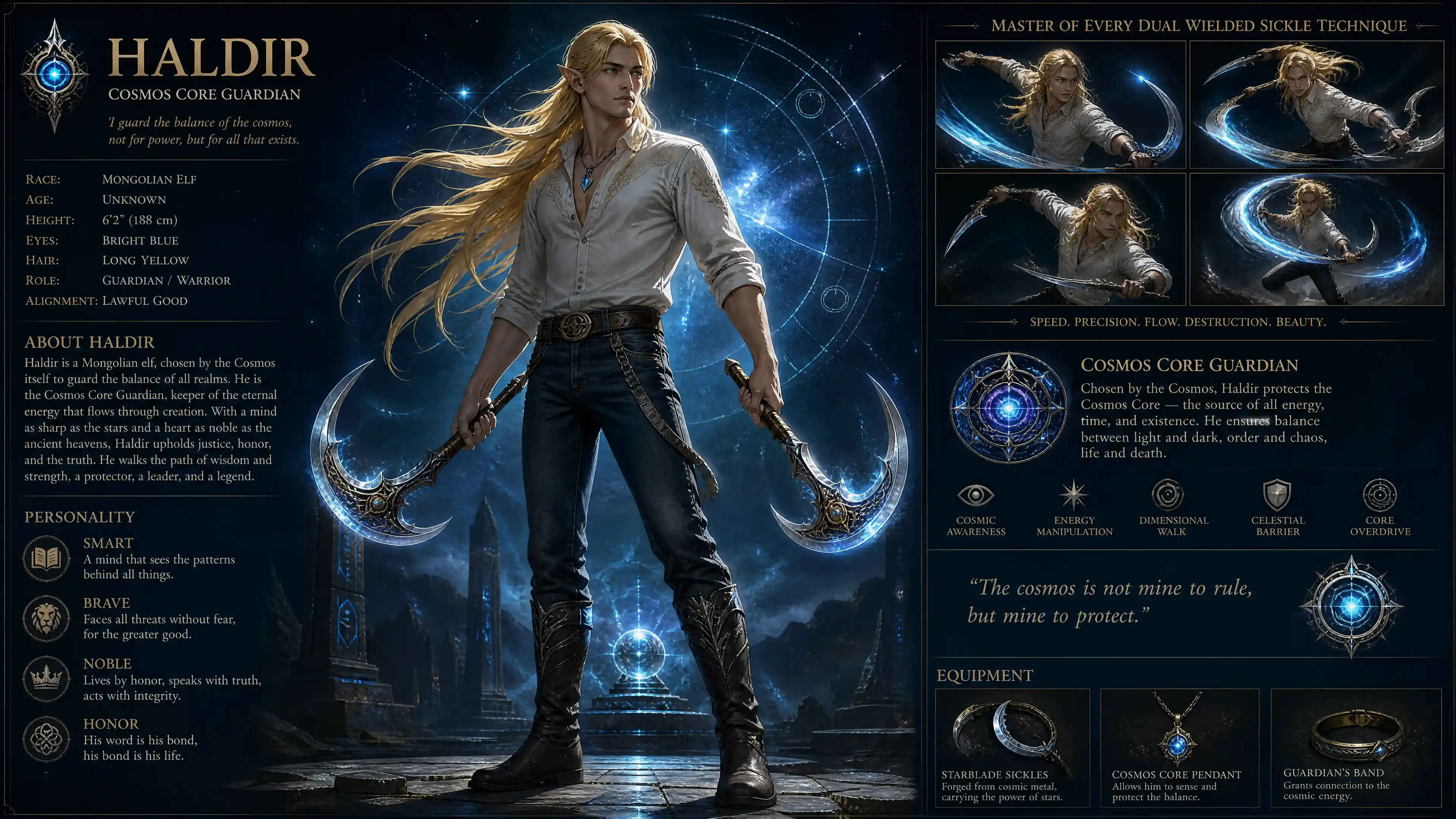Brave cosmic guardian elf man in casual modern clothes
