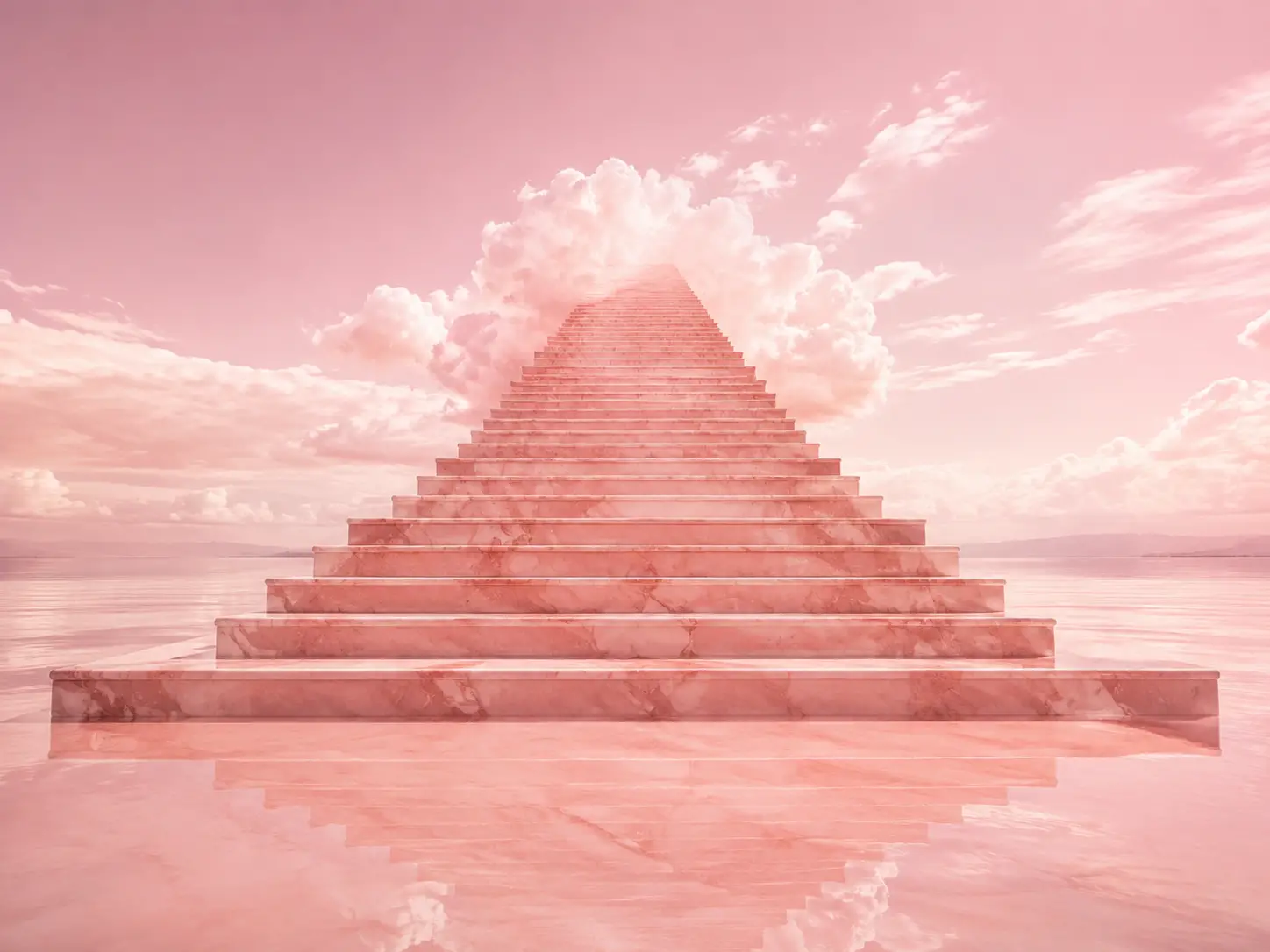 Surreal pink stone staircase rising above a reflective lake