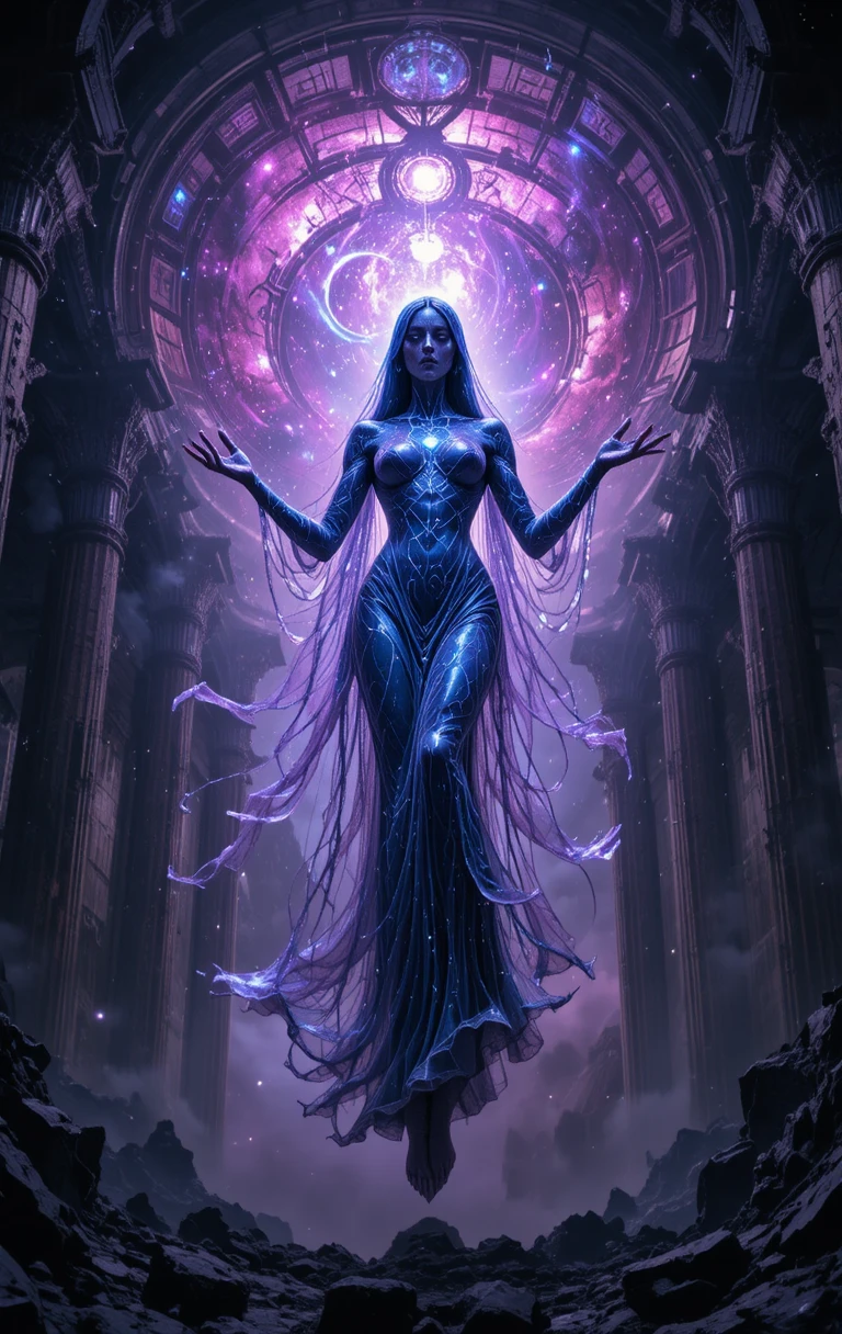 Diosa eldritch alzándose en un templo cósmico hecho añicos