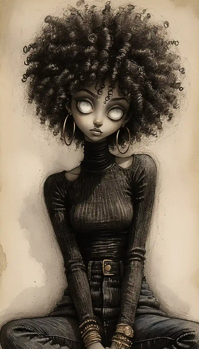 Gothic graphite drawing of a woman with wide white eyes