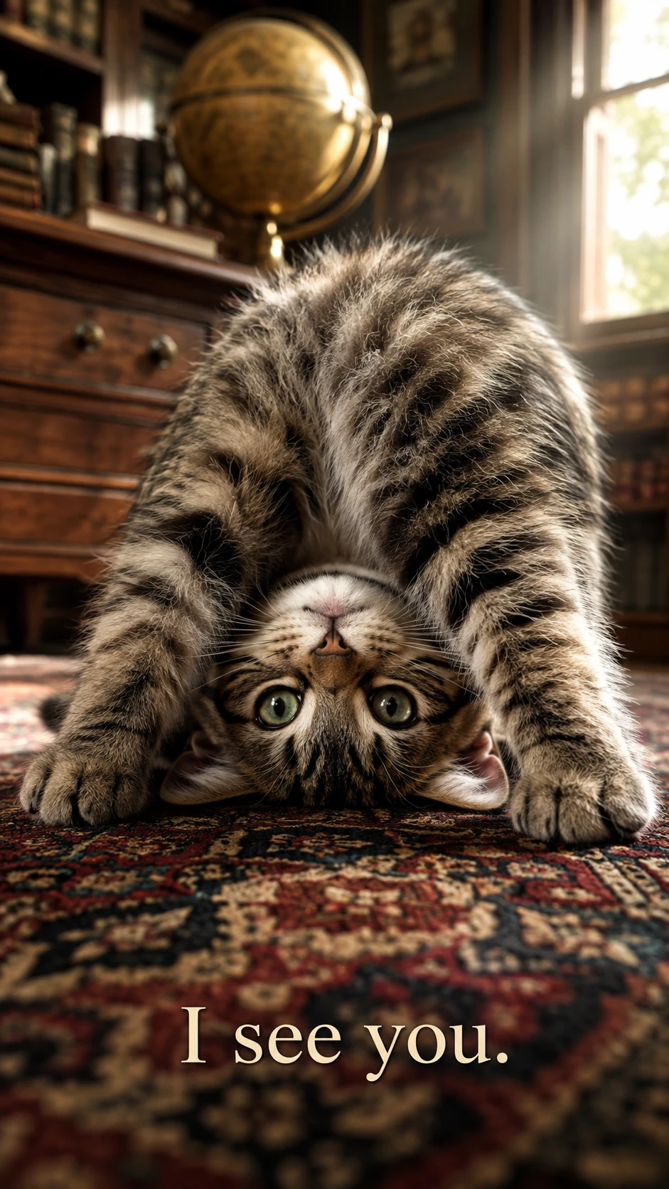 Juguetón gatito atigrado estirándose sobre una colorida alfombra oriental
