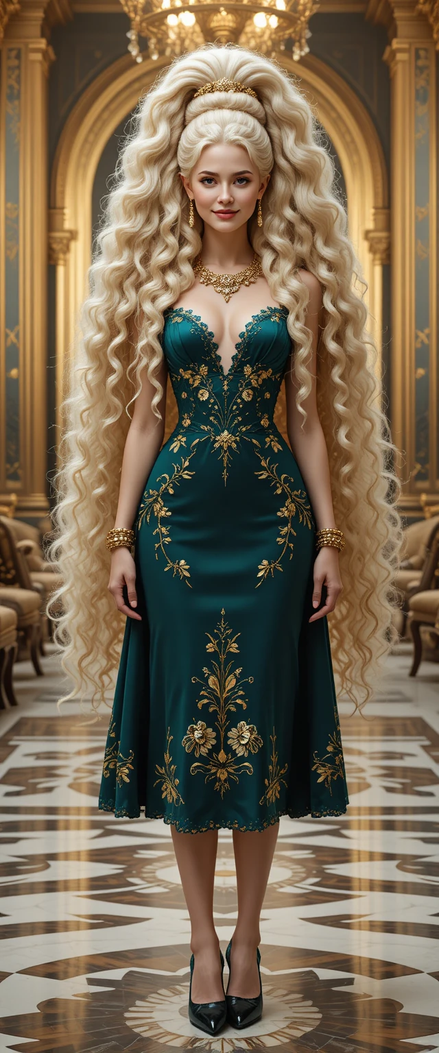 Diosa fantástica sonriente con vestido esmeralda en un palacio dorado