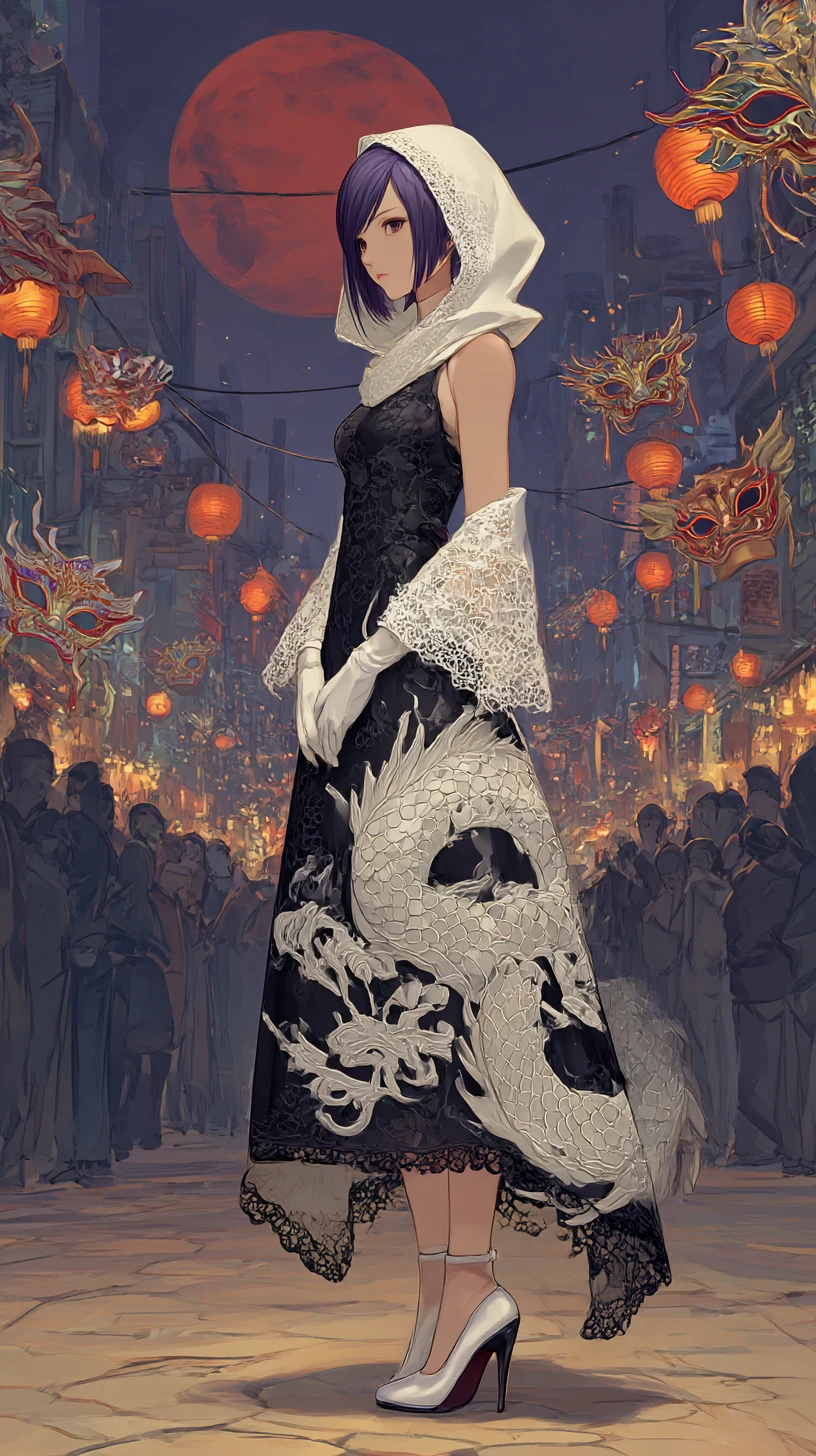 Chica anime con vestido negro de dragón y abrigo de encaje