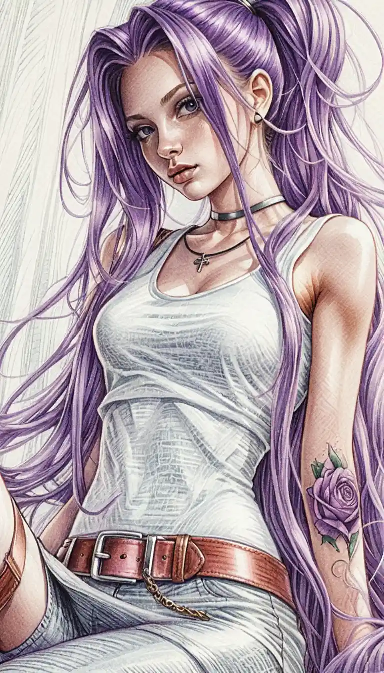 Purple haired girl in pencil illustration portrait