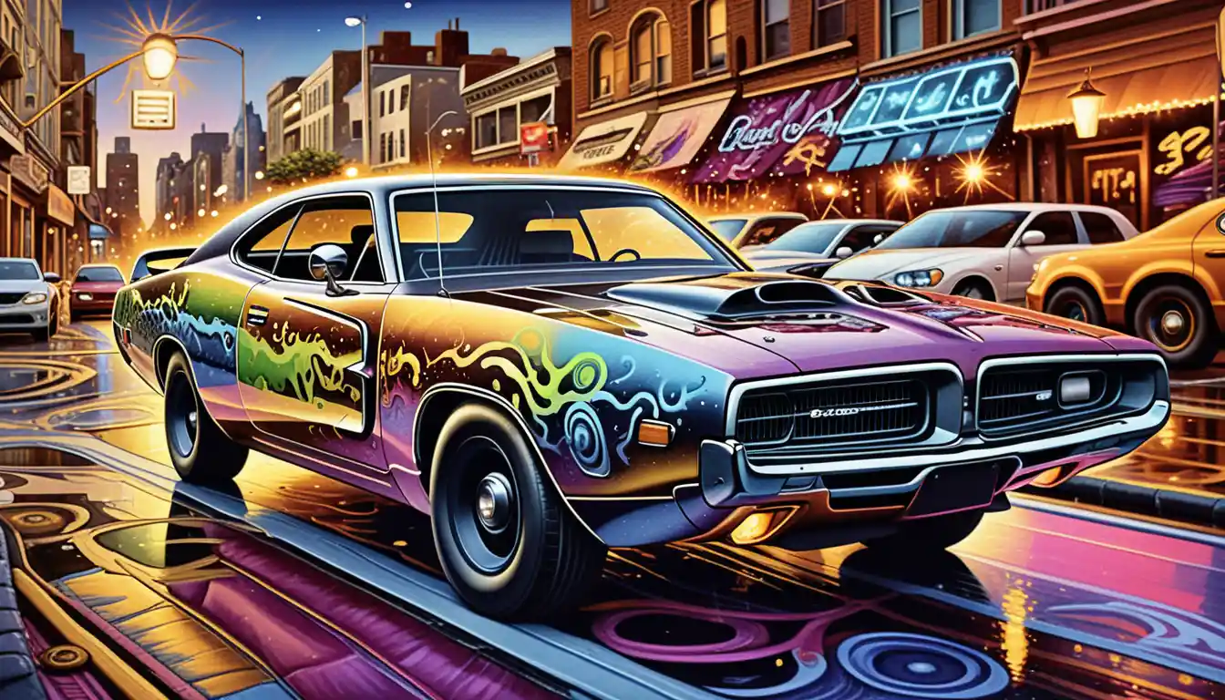 Surreal neon muscle car on a glowing city street