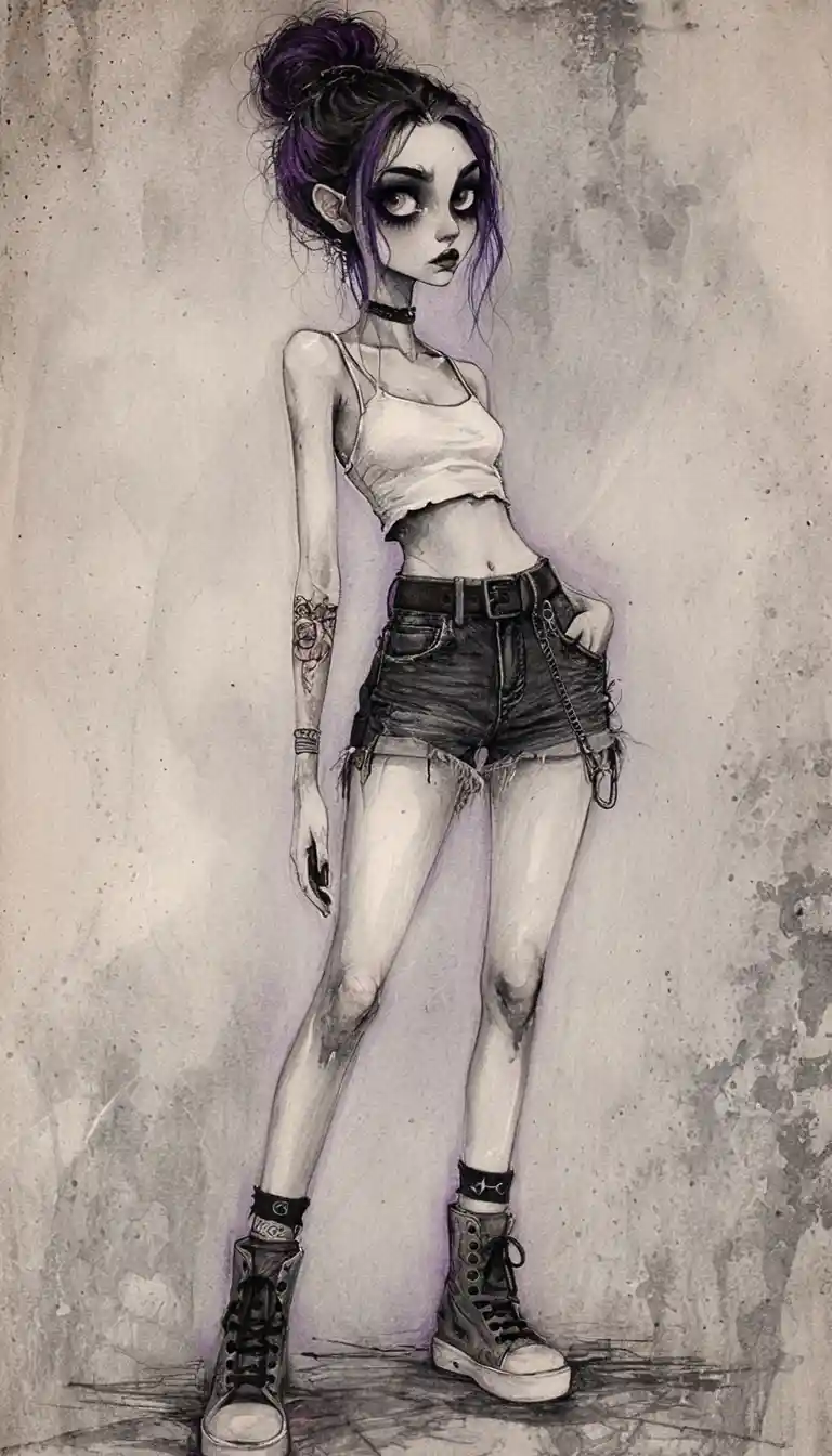 Goth girl pencil portrait with large eyes and dark tattoo