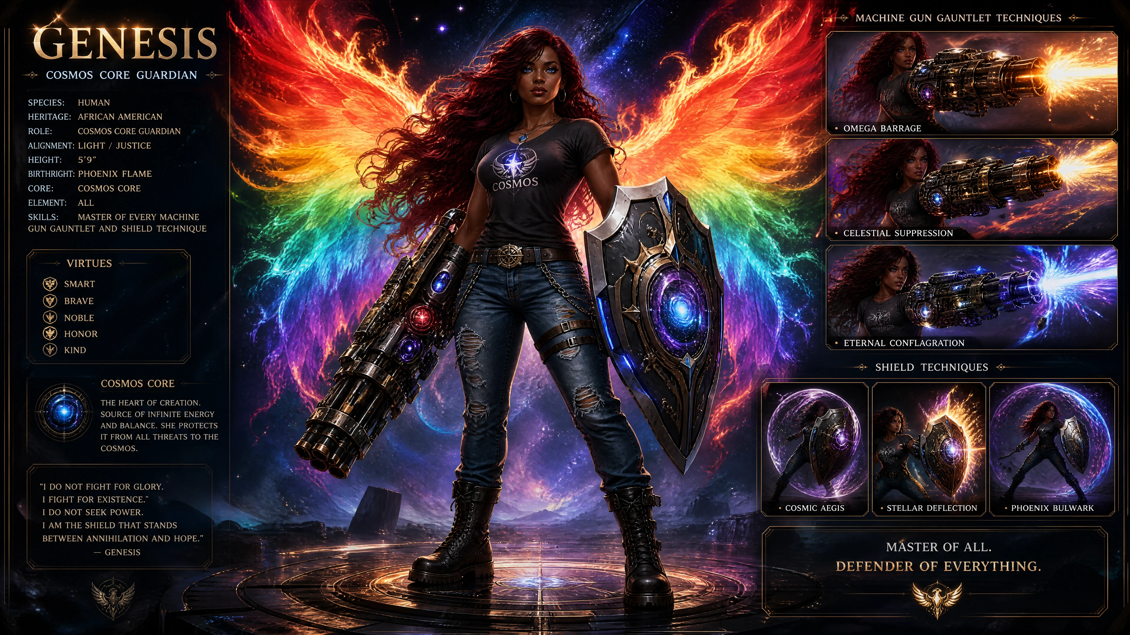 Guardiana afroamericana con alas de fénix arcoíris