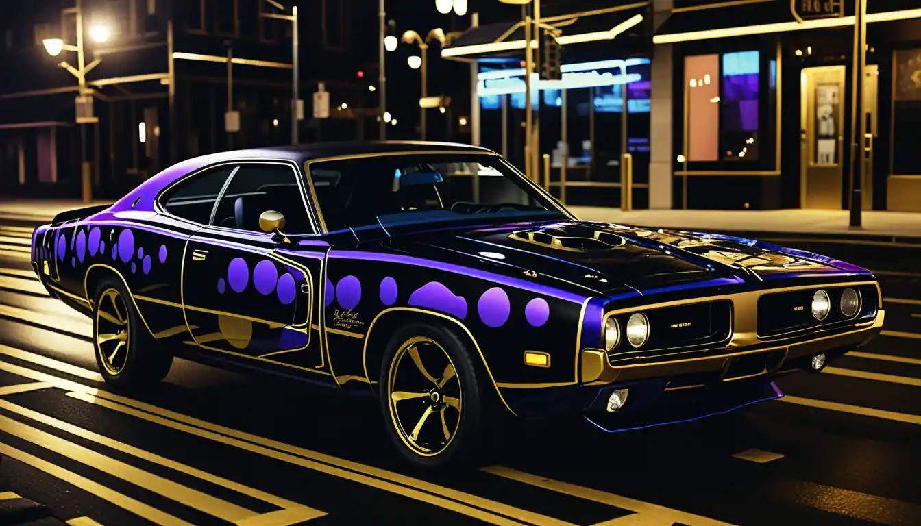 Surreal muscle car on neon city street at dusk