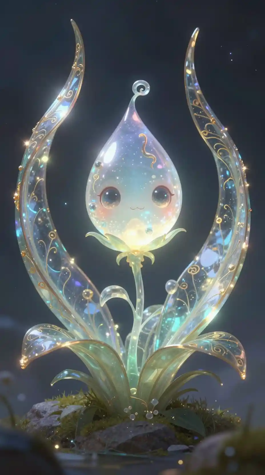 Glowing droplet spirit cradled by glass like plant