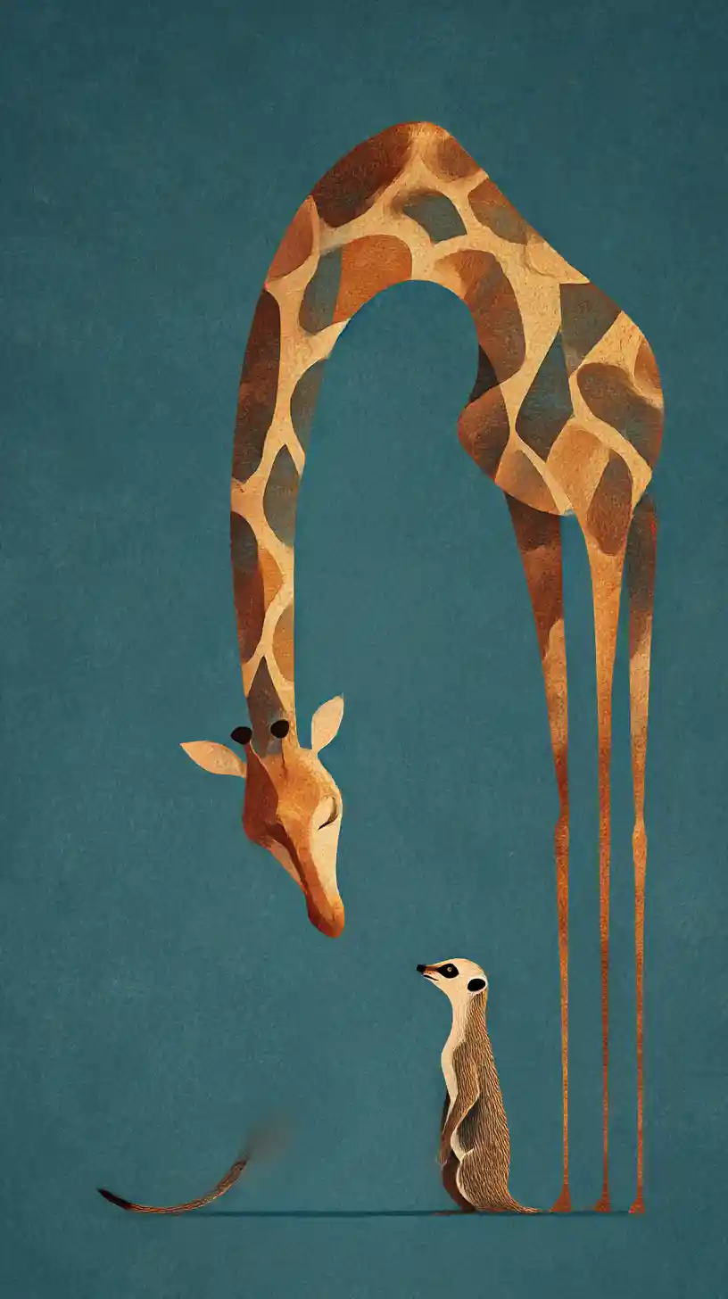 Giraffa e suricato minimalisti in illustrazione digitale surreale