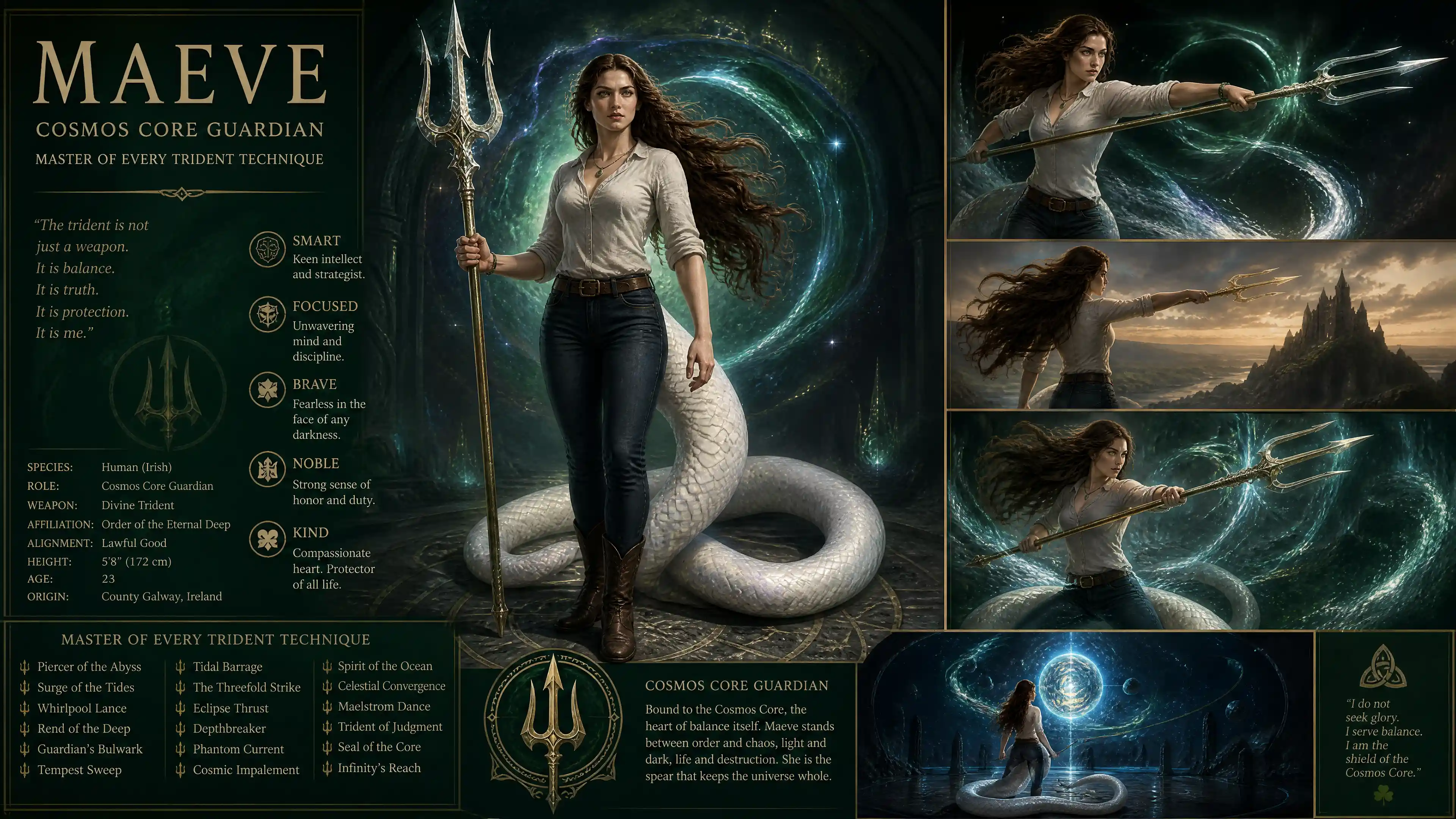 Valiente guardiana cósmica con cola de serpiente blanca