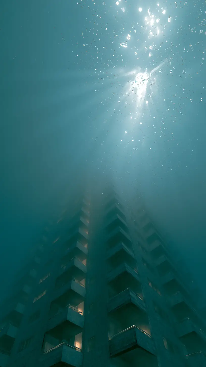 Surreal underwater architecture bathed in soft spectral sunlight