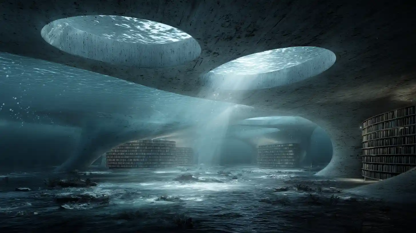 Ruinas de una biblioteca fantástica sumergida bajo la luz centelleante del océano