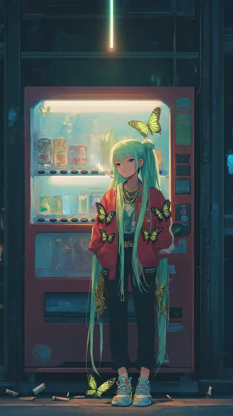 Chica de anime fumando junto a máquina de refrescos neón por la noche
