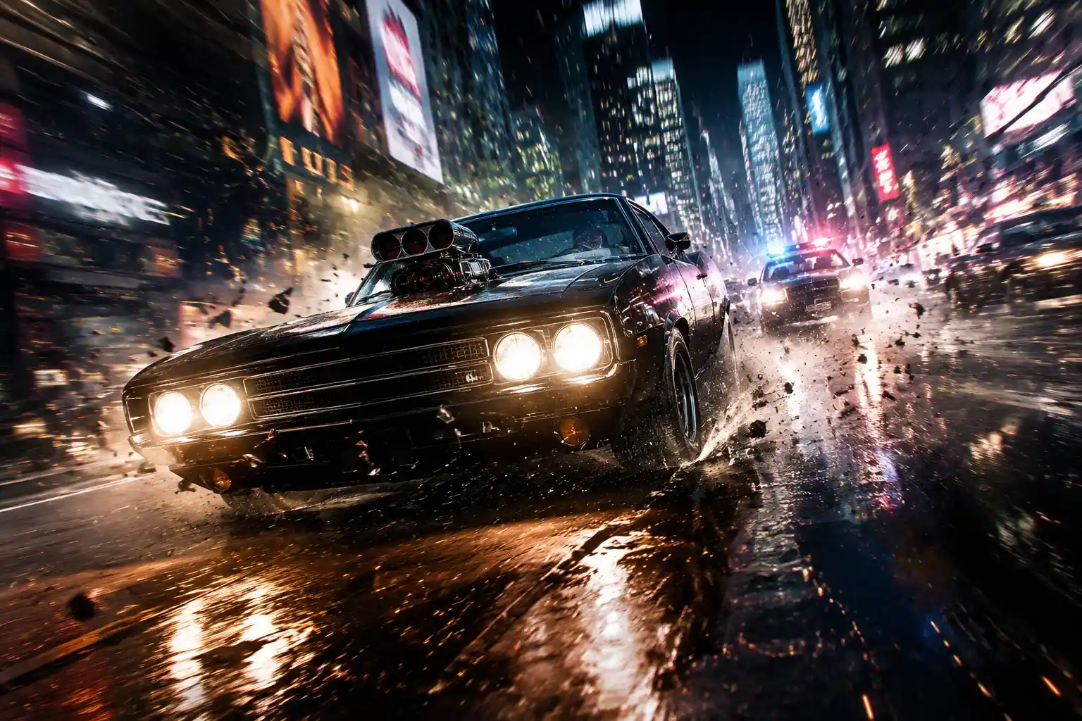 Supercharged muscle car racing through rainy neon city streets