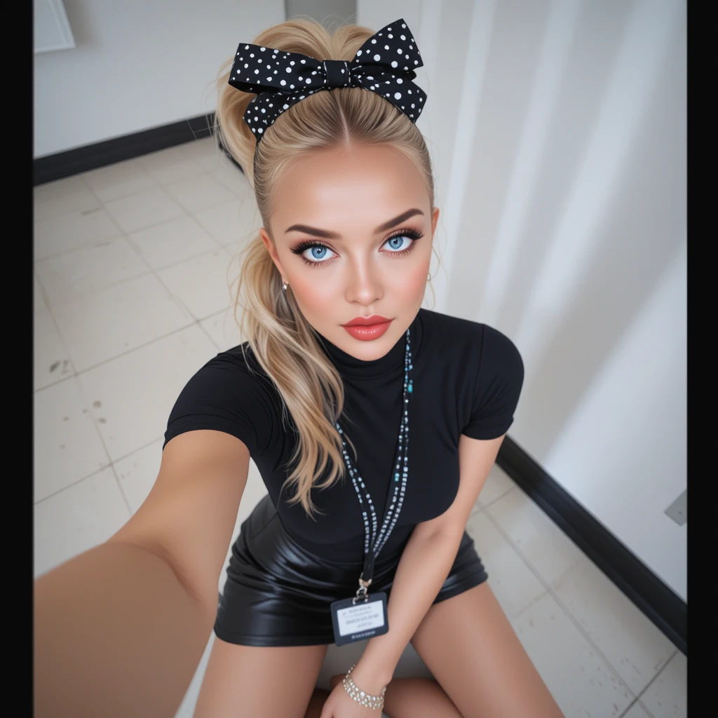 Blondes Mädchen macht Selfie im schwarzen Top und Lederrock