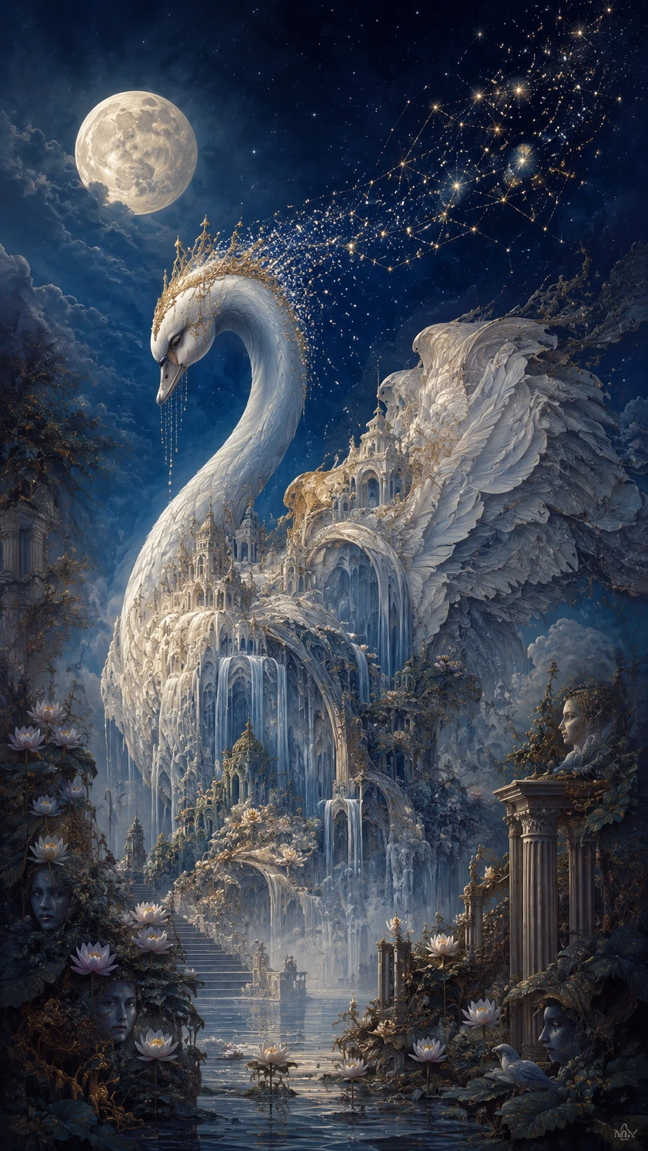 Forgotten princess transforming into a celestial swan of marble