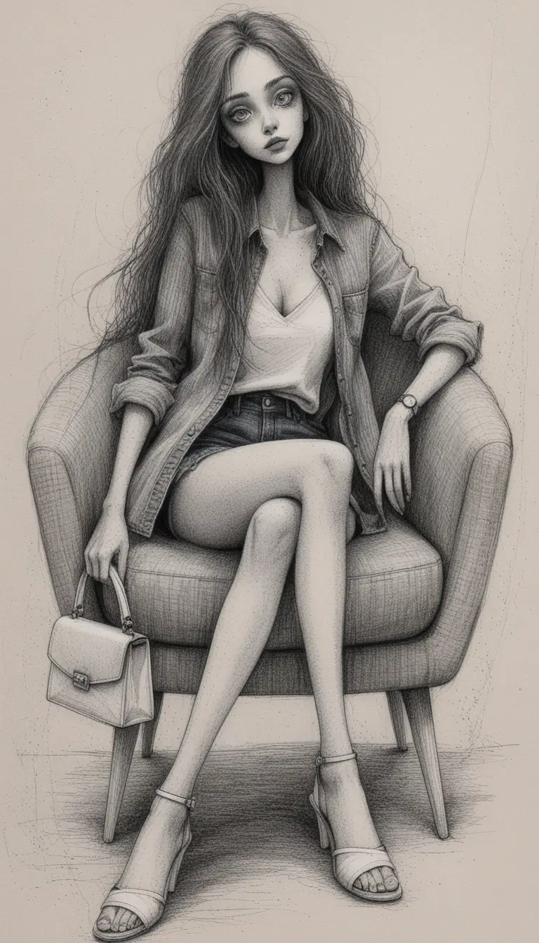 坐在現代扶手椅上的憂鬱墨筆女子插畫