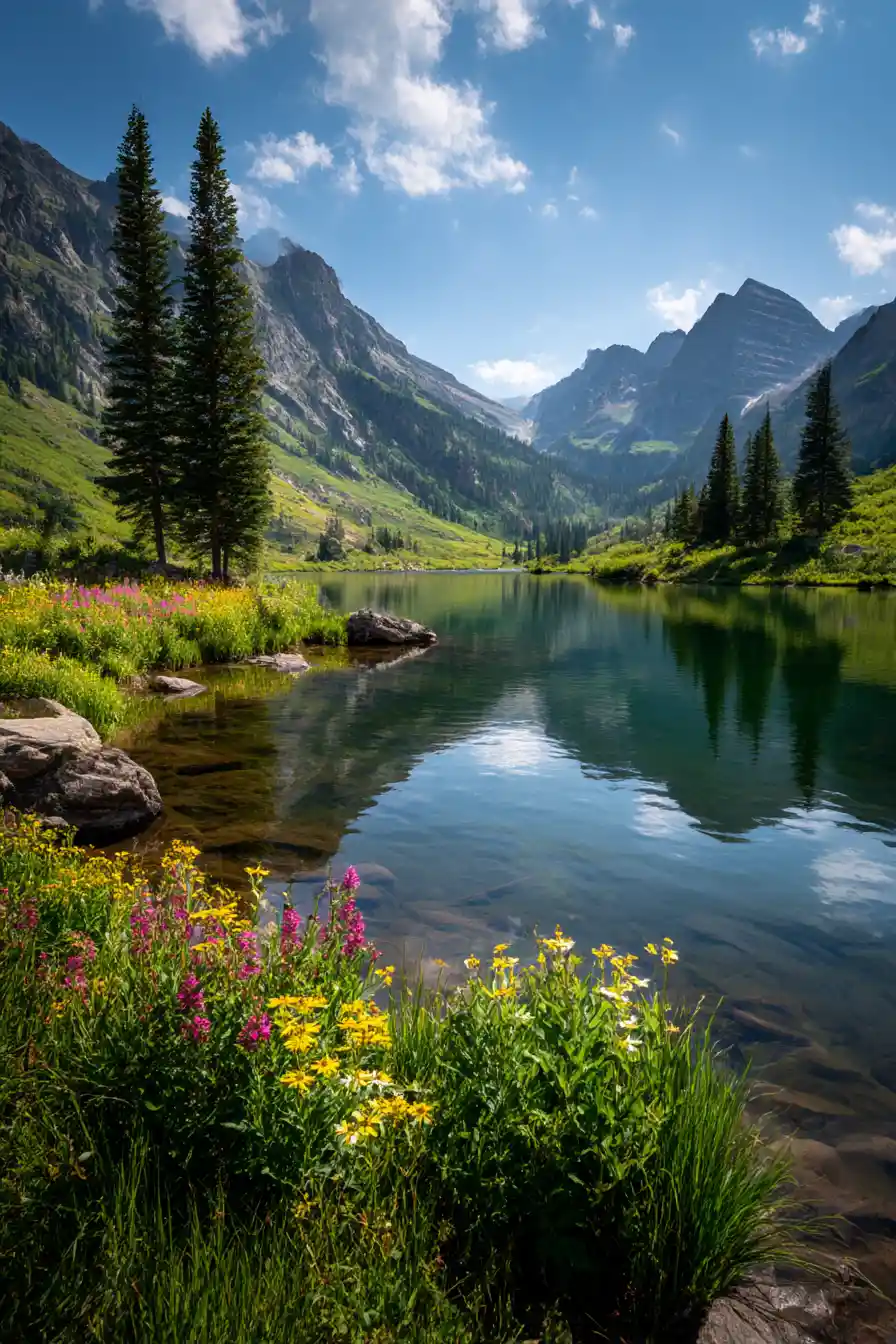 Peaceful alpine lake with mountains and lush green shore