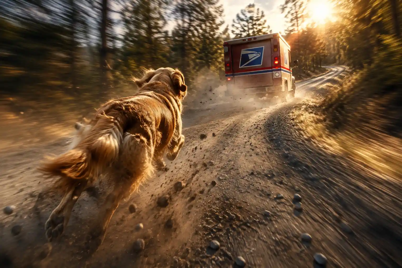 Golden retriever chasing mail truck on dusty country road