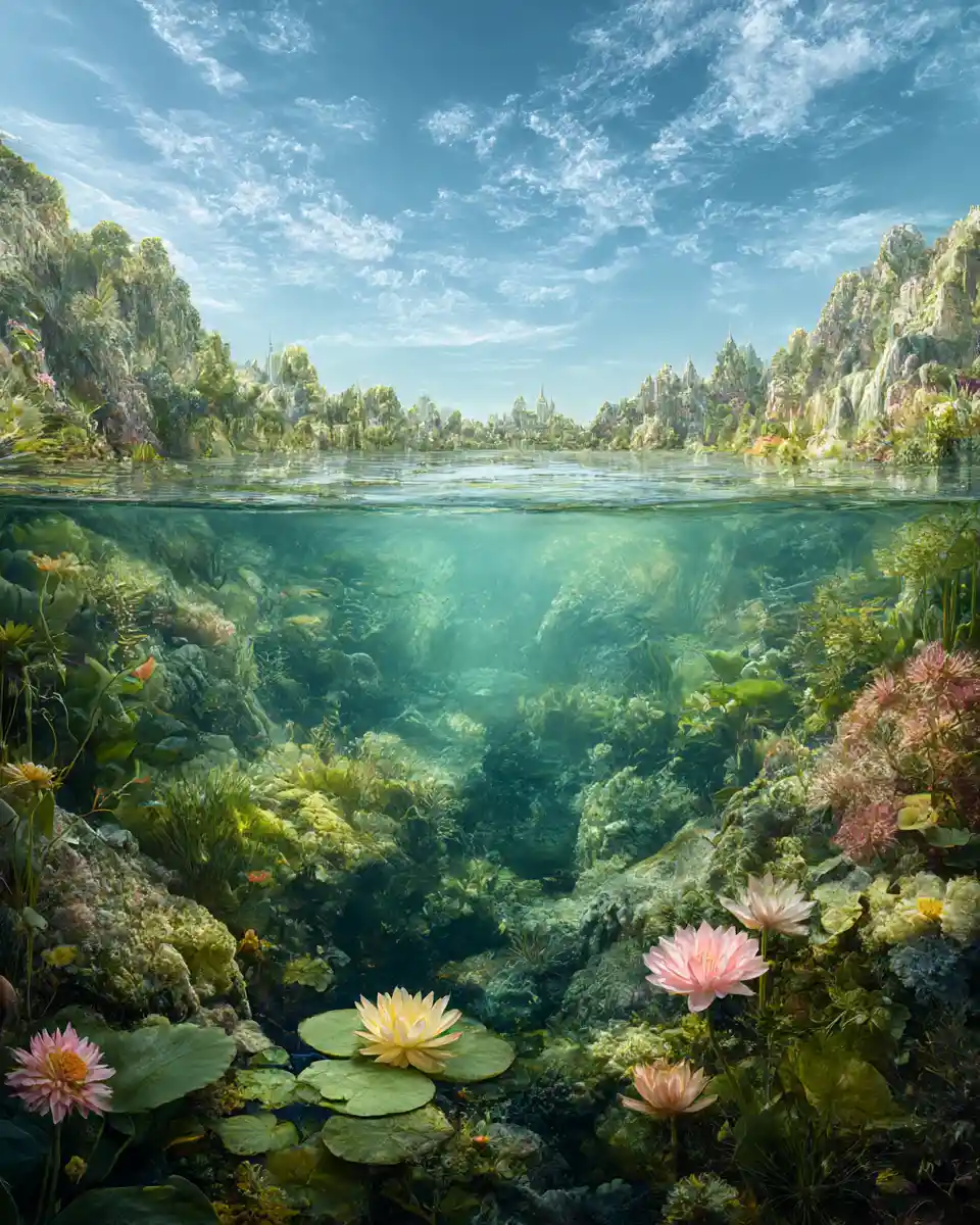 Paisaje de fantasía surrealista con mundo submarino mágico