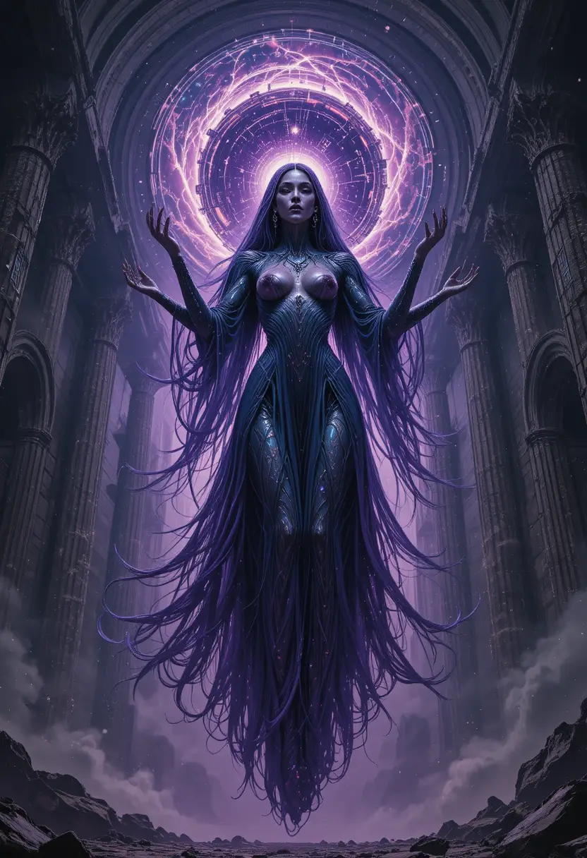 Diosa eldritch alzándose en un templo cósmico en ruinas