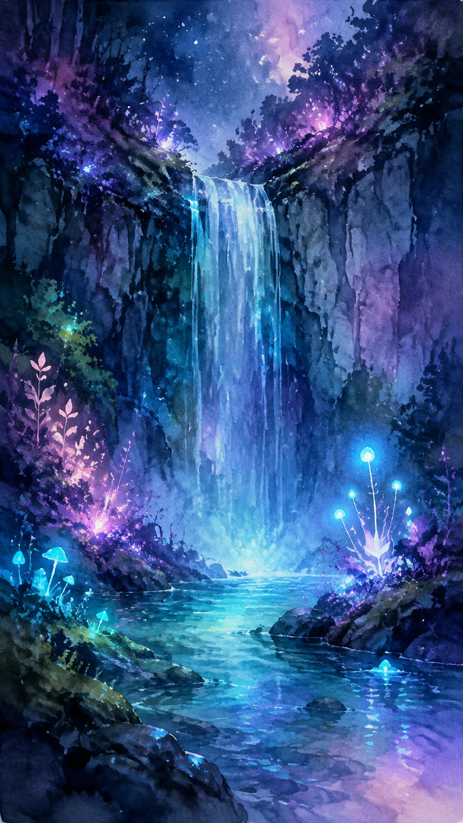 Cascata Eterea ad Acquerello in una Foresta Notturna Luminosa