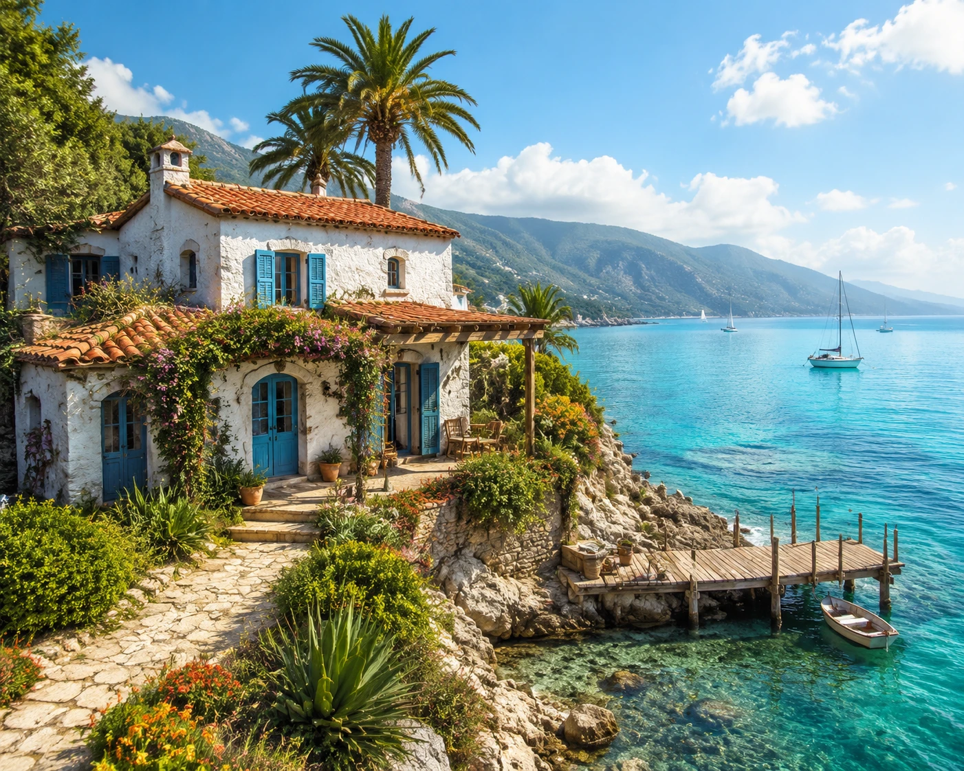Rustic Mediterranean cottage on a rocky turquoise coastline