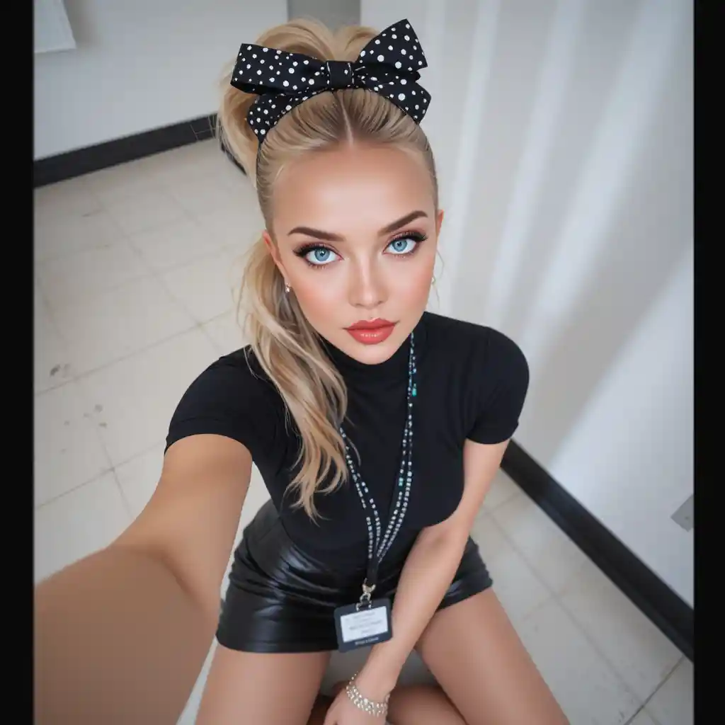 Blondes Mädchen macht Selfie im schwarzen Top und Lederrock