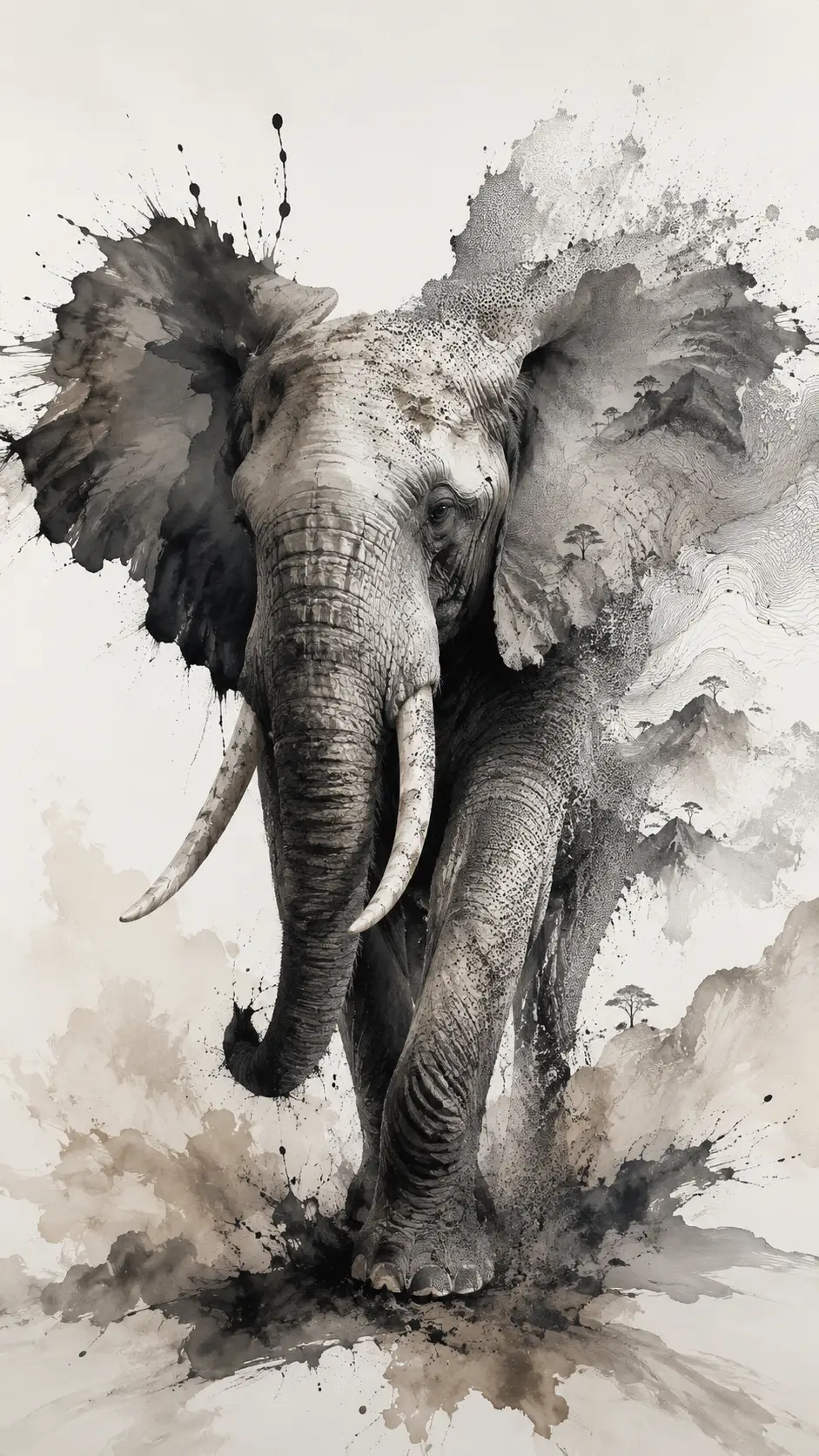 Ink and stippled elephant in abstract three quarter view